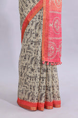 Beige tribal design warli print linen cotton saree with contrast pink zari border and chevron design blouse