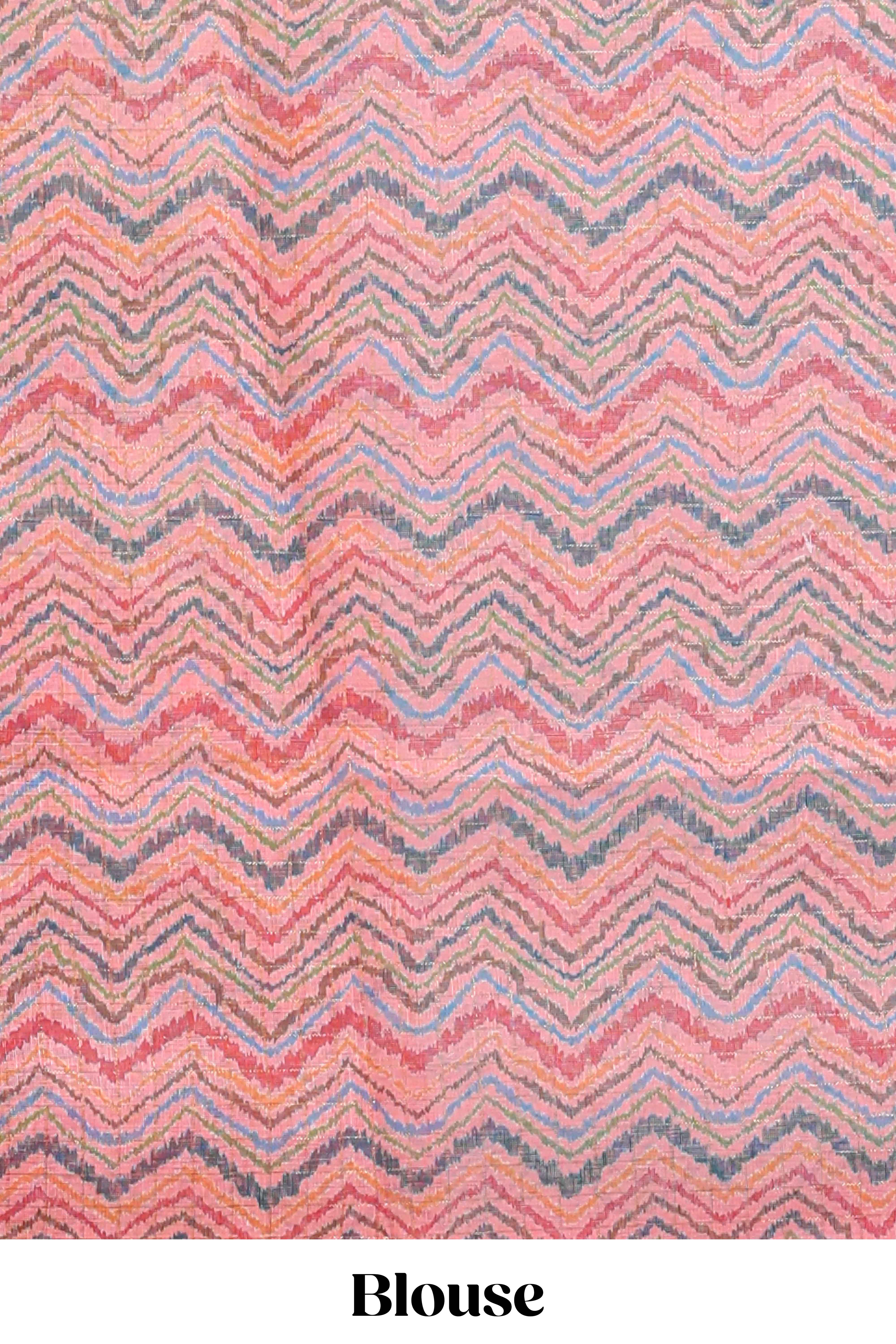 Beige tribal design warli print linen cotton saree with contrast pink zari border and chevron design blouse