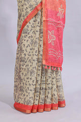 Beige tribal design warli print linen cotton saree with contrast pink zari border and floral design pallu