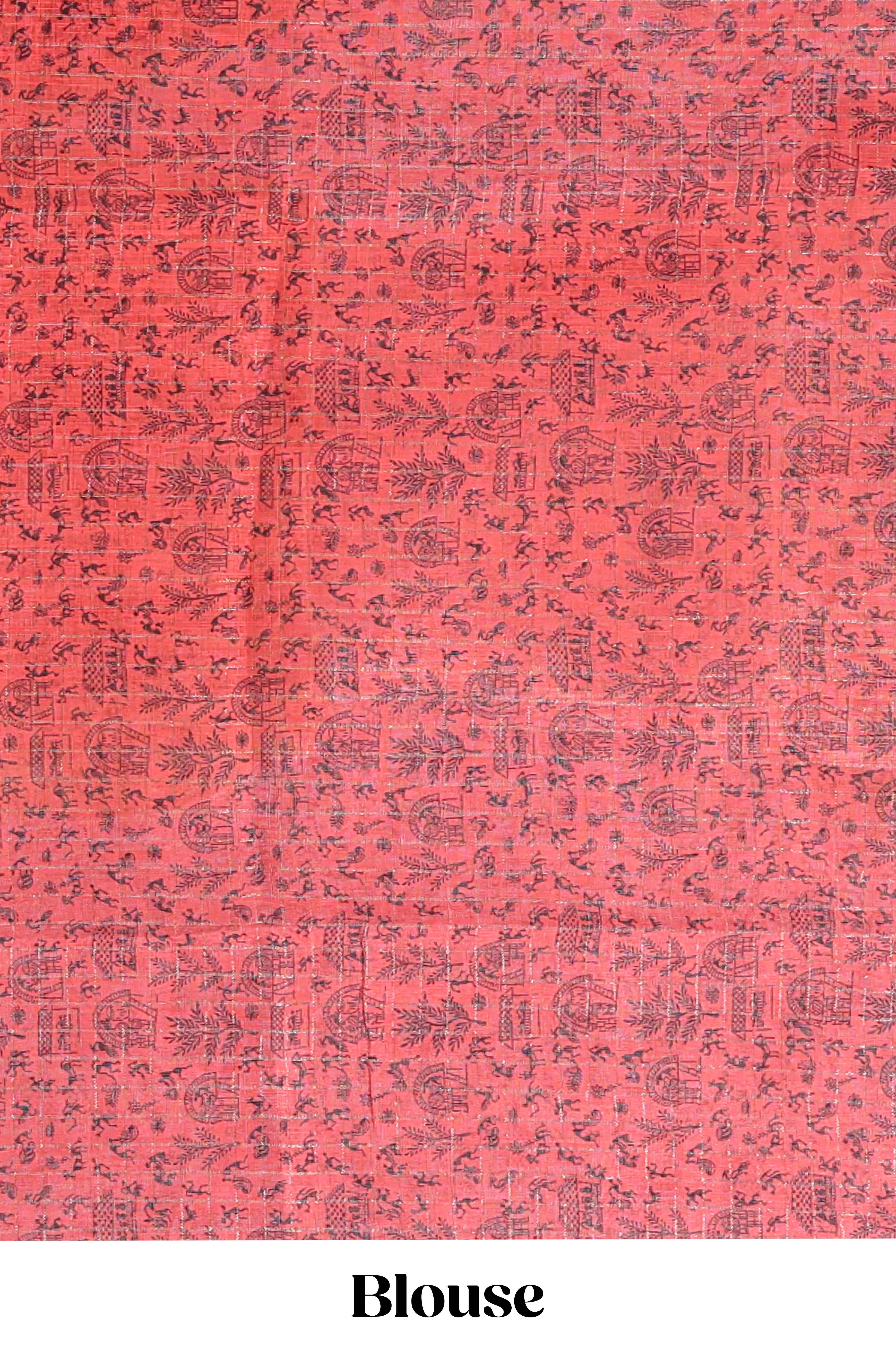 Beige tribal design warli print linen cotton saree with contrast pink zari border and floral design pallu
