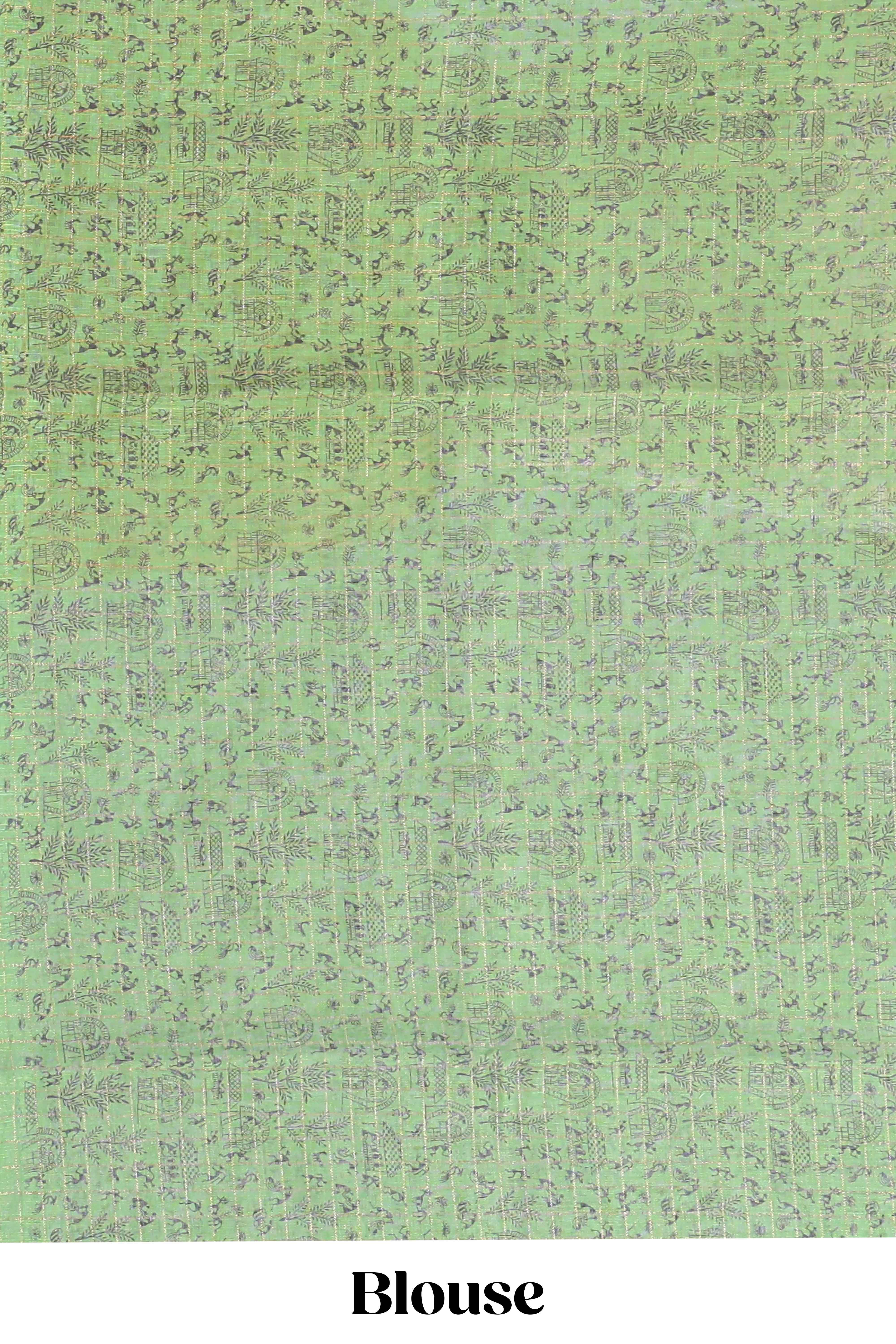 Beige tribal design warli print linen cotton saree with contrast green zari border and floral design pallu