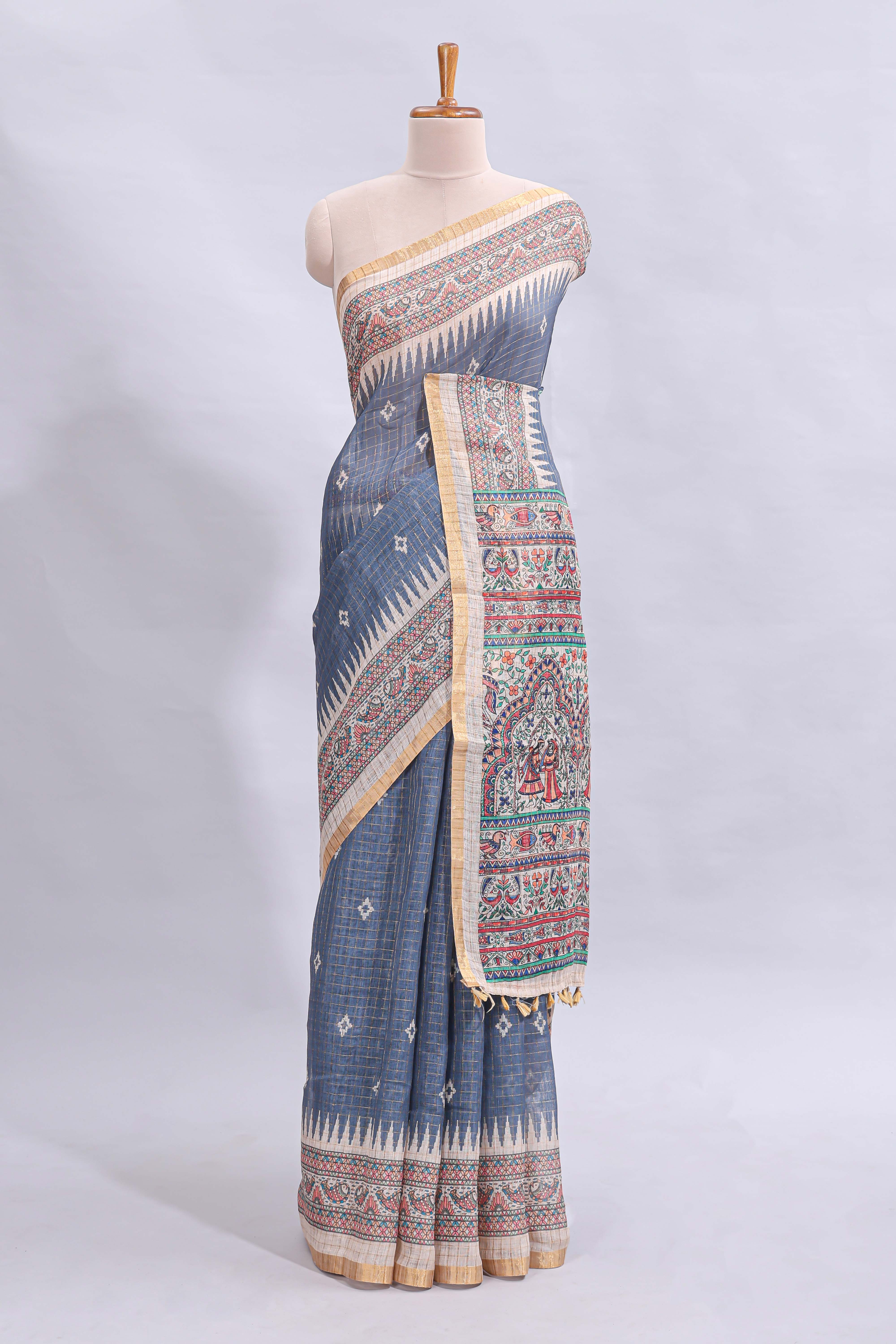 Steel blue checked motifs design linen cotton saree with contrast zari border and printed blouse