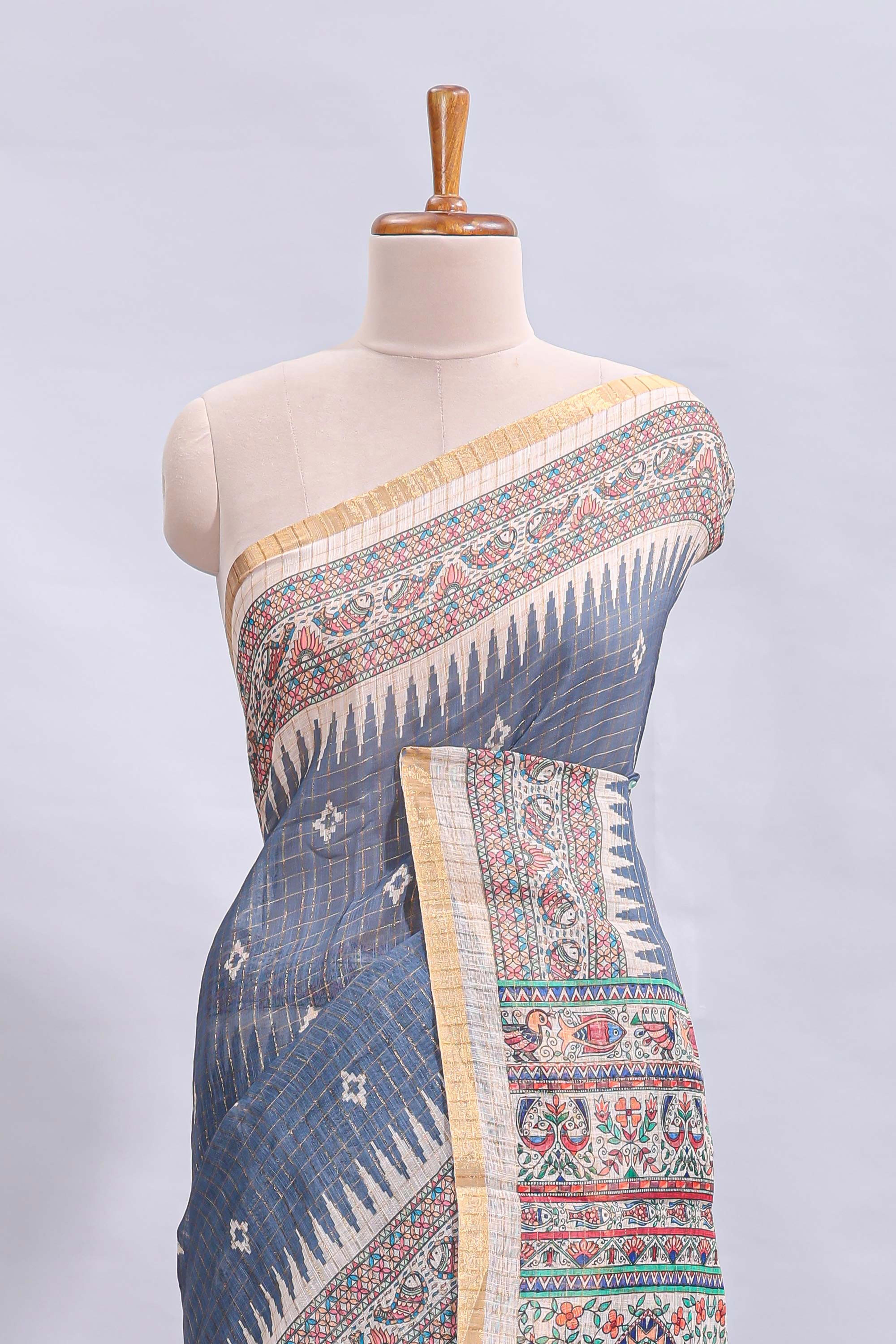 Steel blue checked motifs design linen cotton saree with contrast zari border and printed blouse