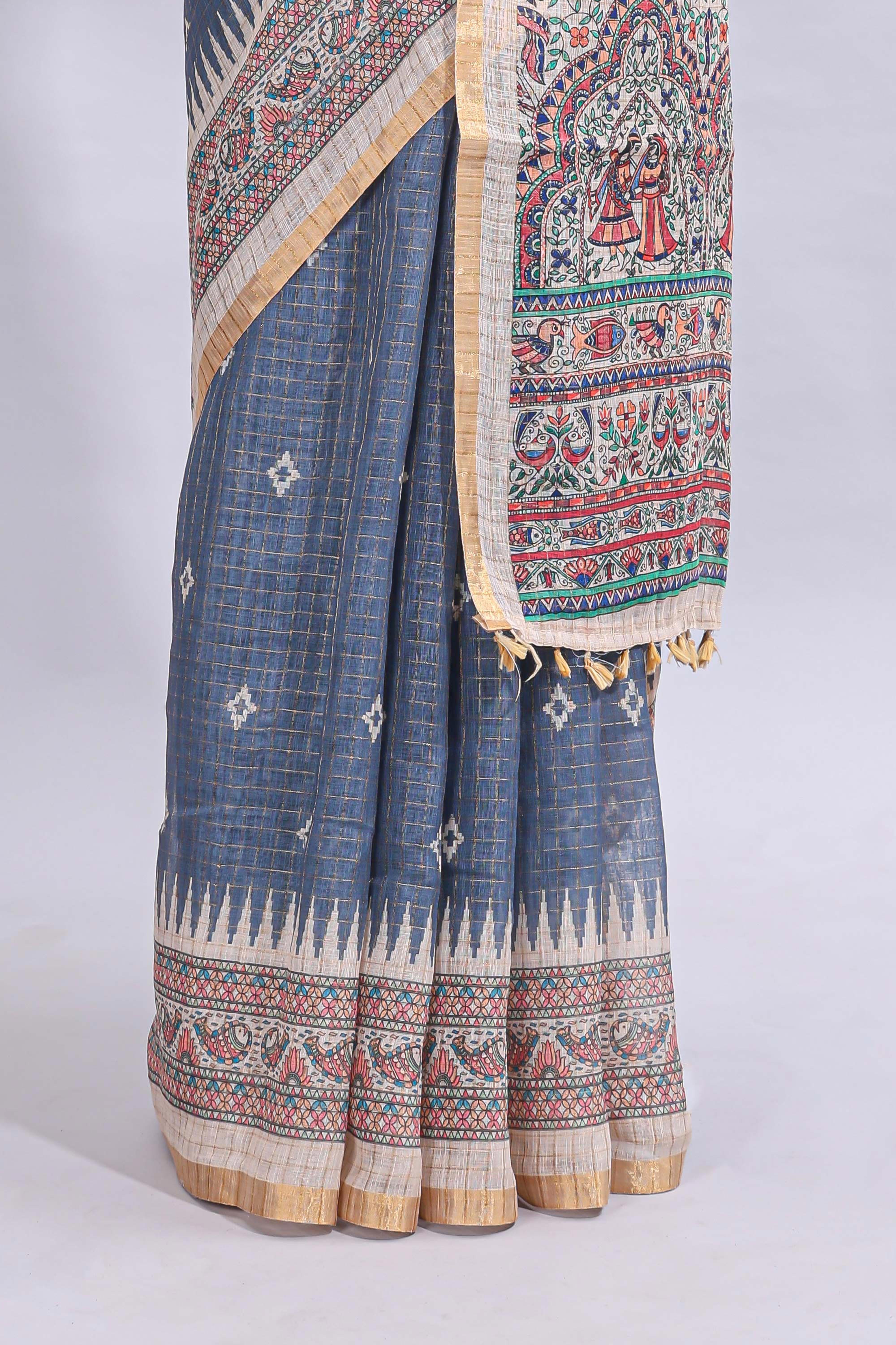 Steel blue checked motifs design linen cotton saree with contrast zari border and printed blouse