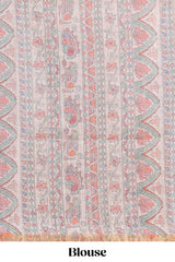Steel blue checked motifs design linen cotton saree with contrast zari border and printed blouse