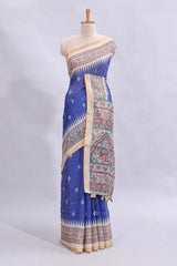Blue checked motifs design linen cotton saree with contrast zari border and printed blouse