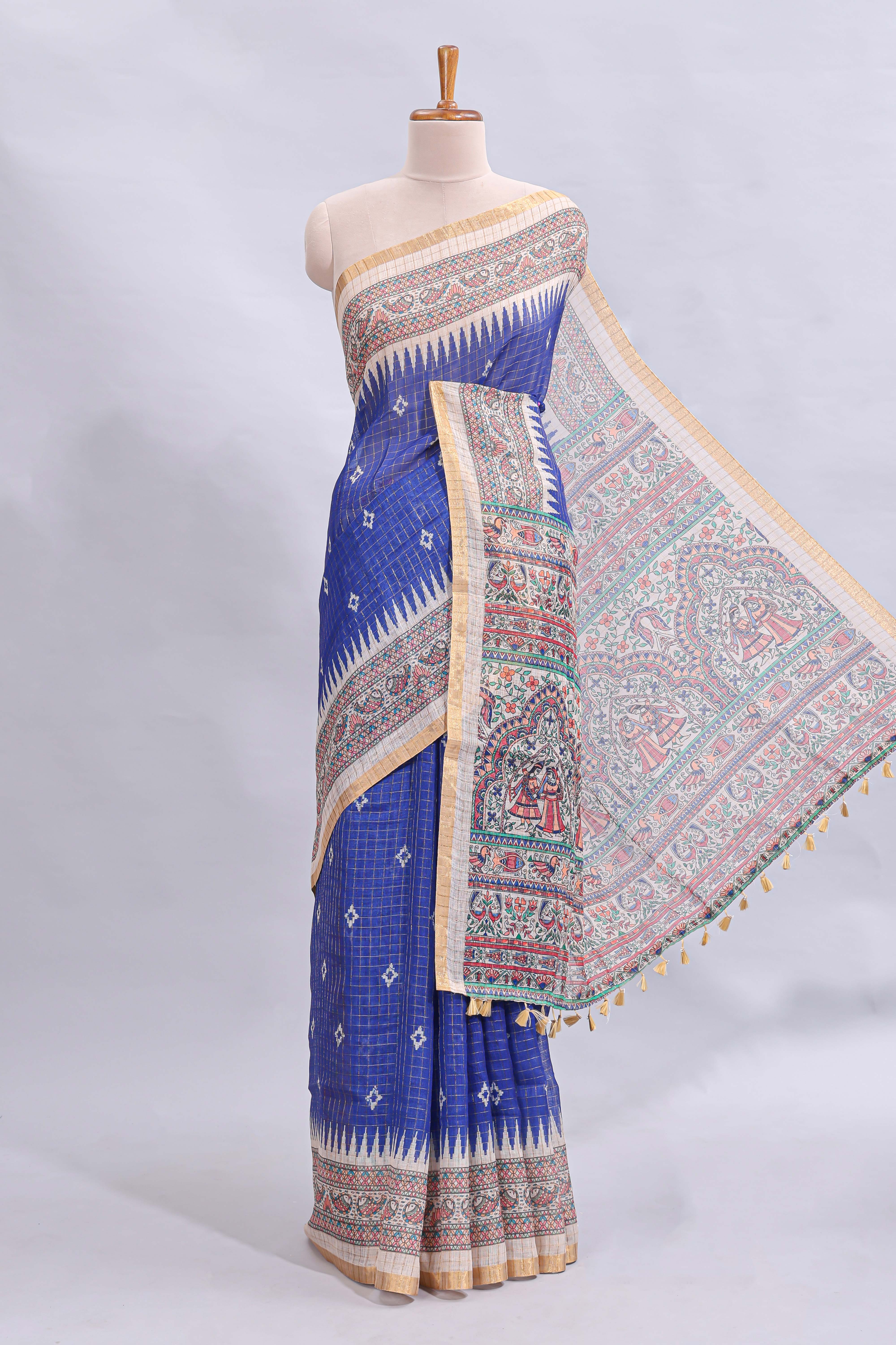Blue checked motifs design linen cotton saree with contrast zari border and printed blouse