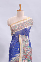 Blue checked motifs design linen cotton saree with contrast zari border and printed blouse