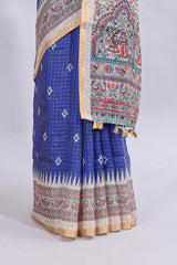 Blue checked motifs design linen cotton saree with contrast zari border and printed blouse
