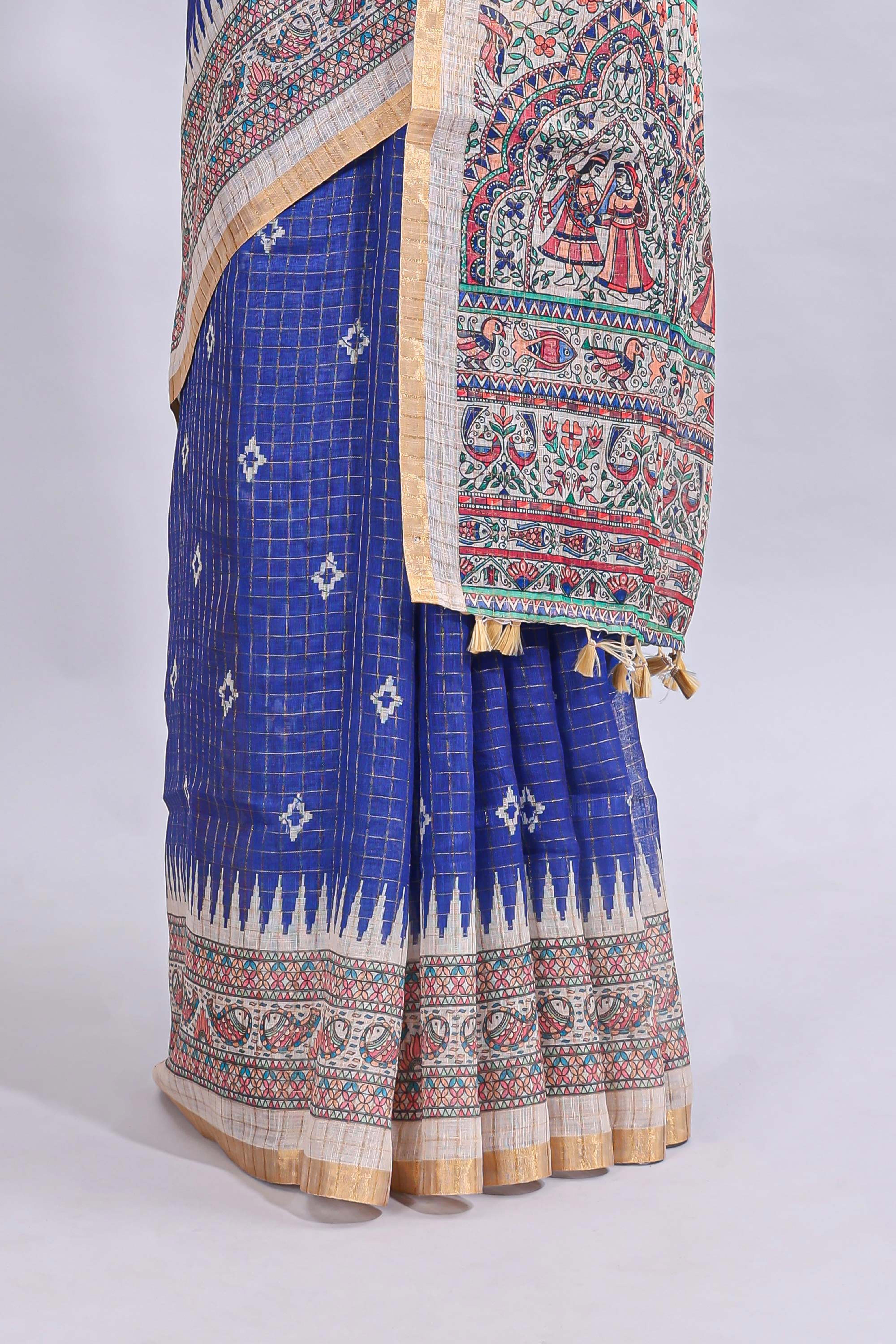 Blue checked motifs design linen cotton saree with contrast zari border and printed blouse