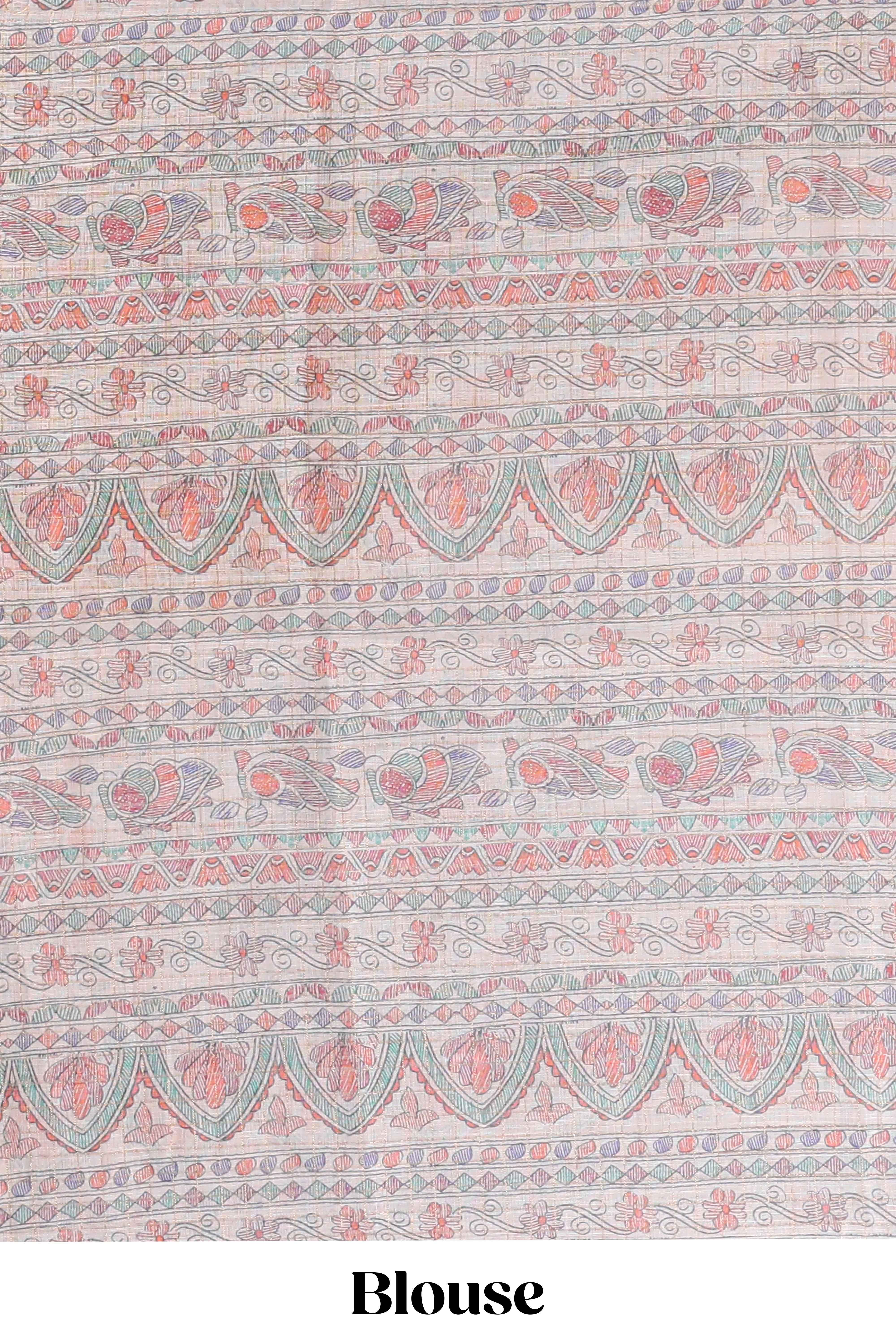 Blue checked motifs design linen cotton saree with contrast zari border and printed blouse