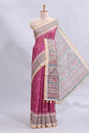 Magenta checked motifs design linen cotton saree with contrast zari border and printed blouse