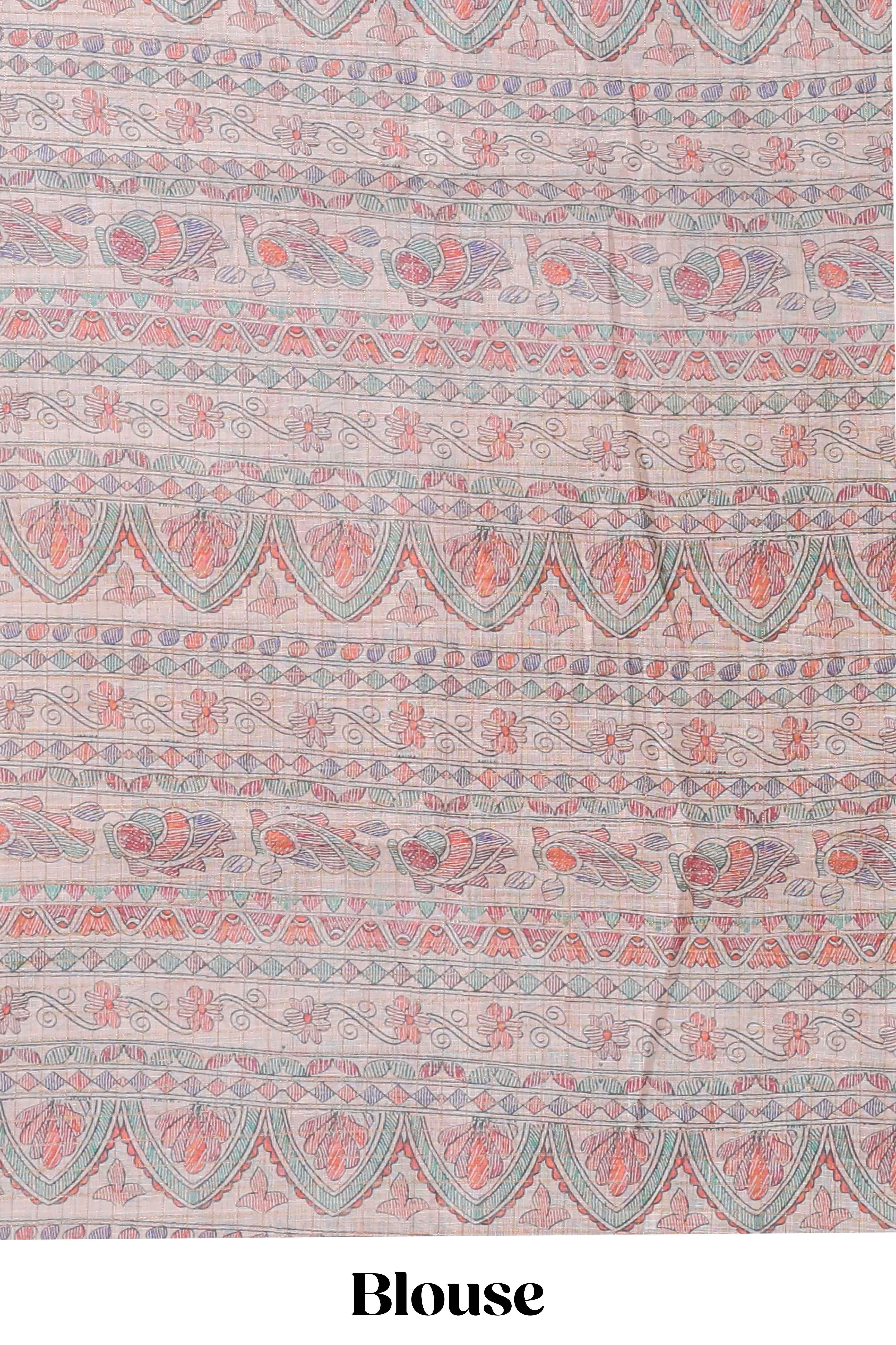 Magenta checked motifs design linen cotton saree with contrast zari border and printed blouse