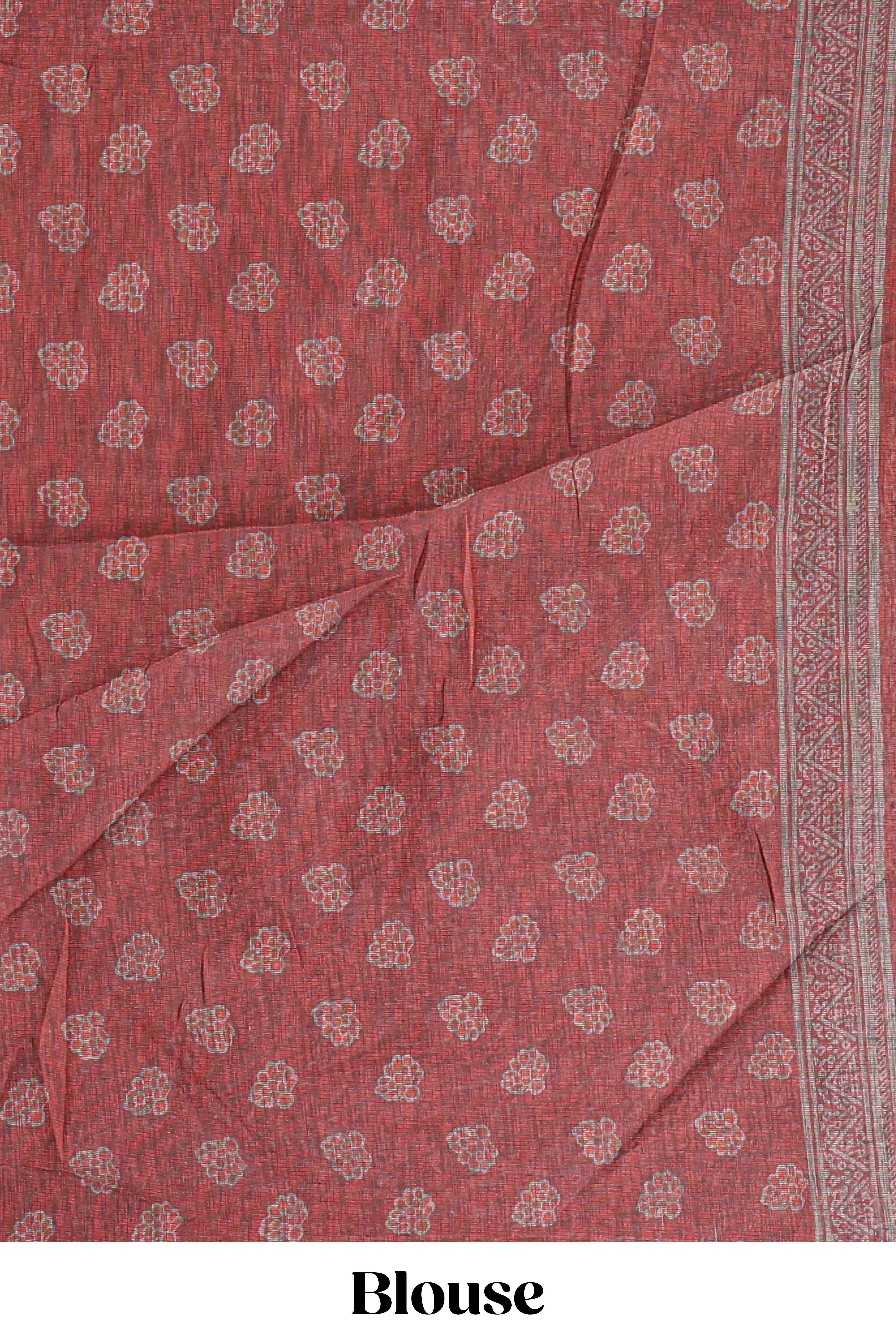 Maroon floral vines design linen cotton saree with self zari border and matching motifs blouse