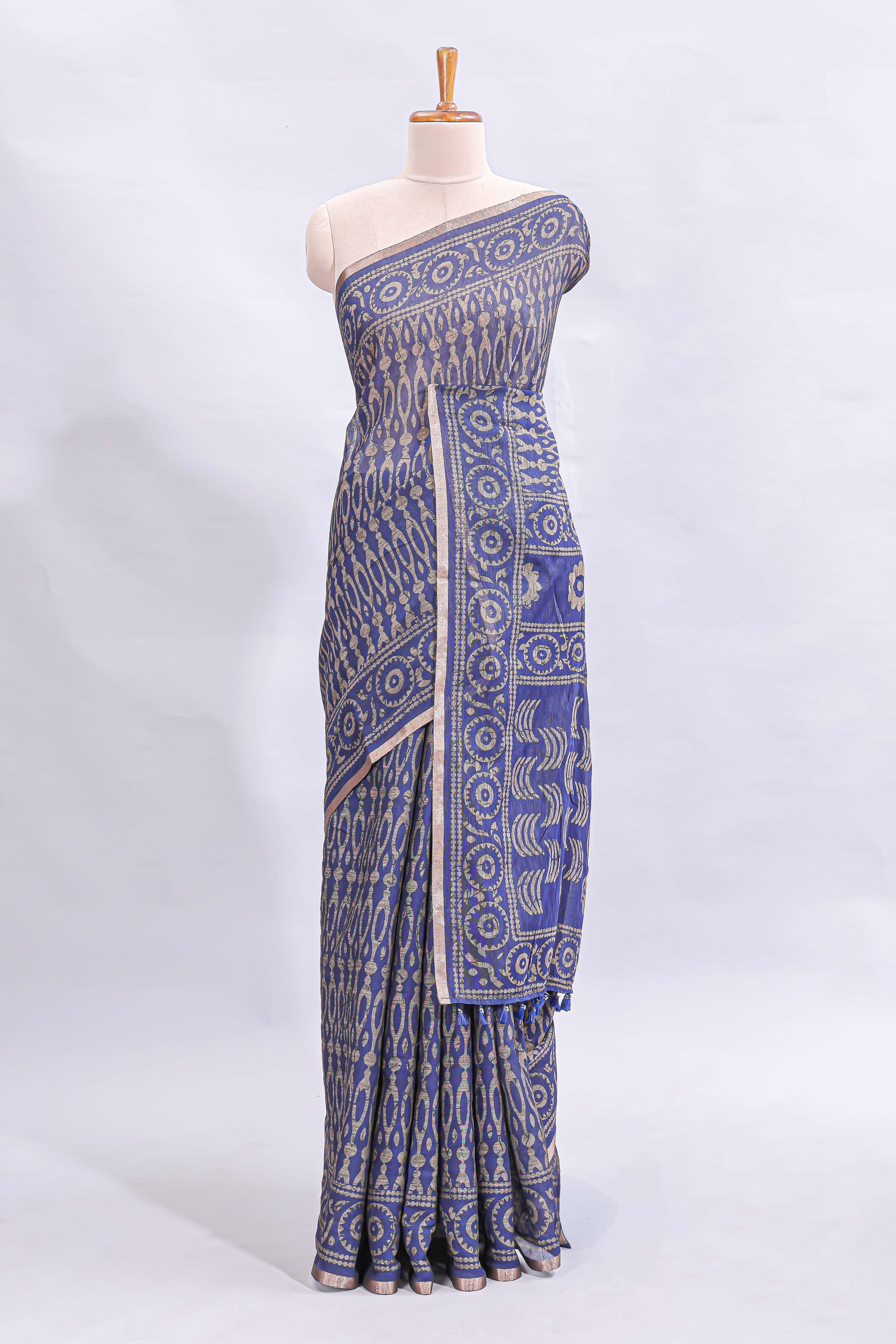 Blue ajrakh printed design linen cotton saree with self zari border and matching printed blouse