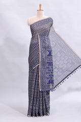 Blue ajrakh printed design linen cotton saree with self zari border and matching printed blouse