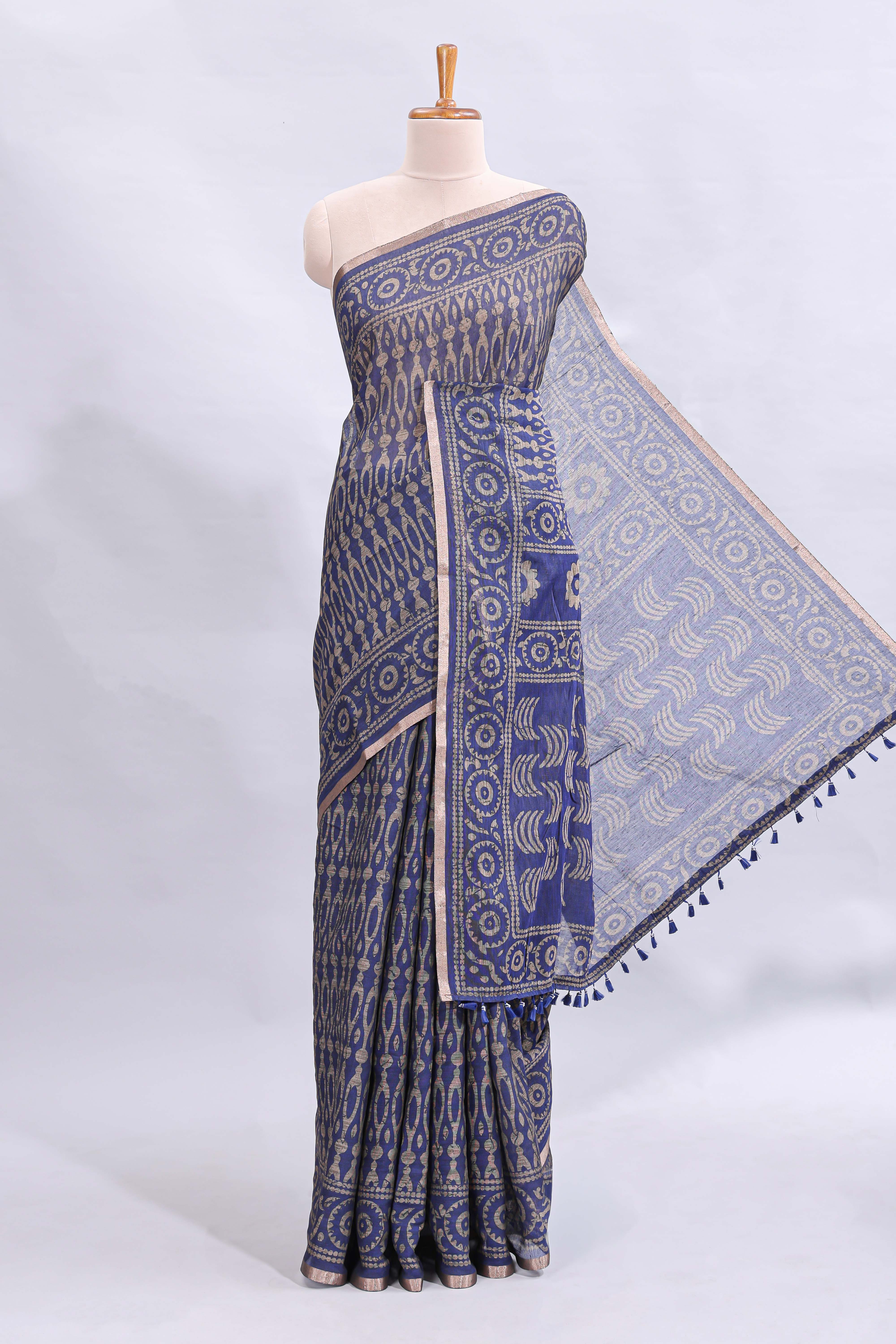 Blue ajrakh printed design linen cotton saree with self zari border and matching printed blouse