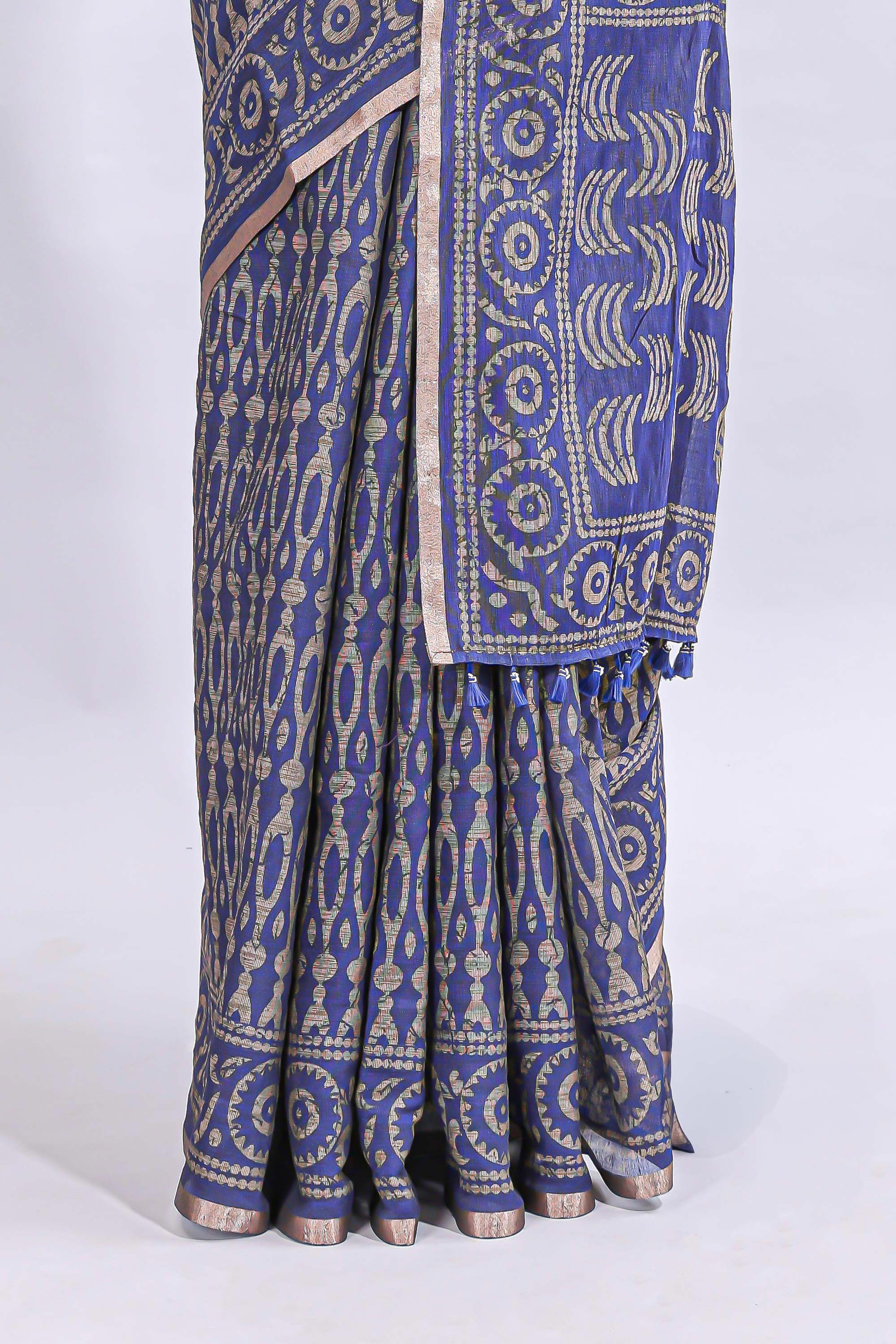 Blue ajrakh printed design linen cotton saree with self zari border and matching printed blouse