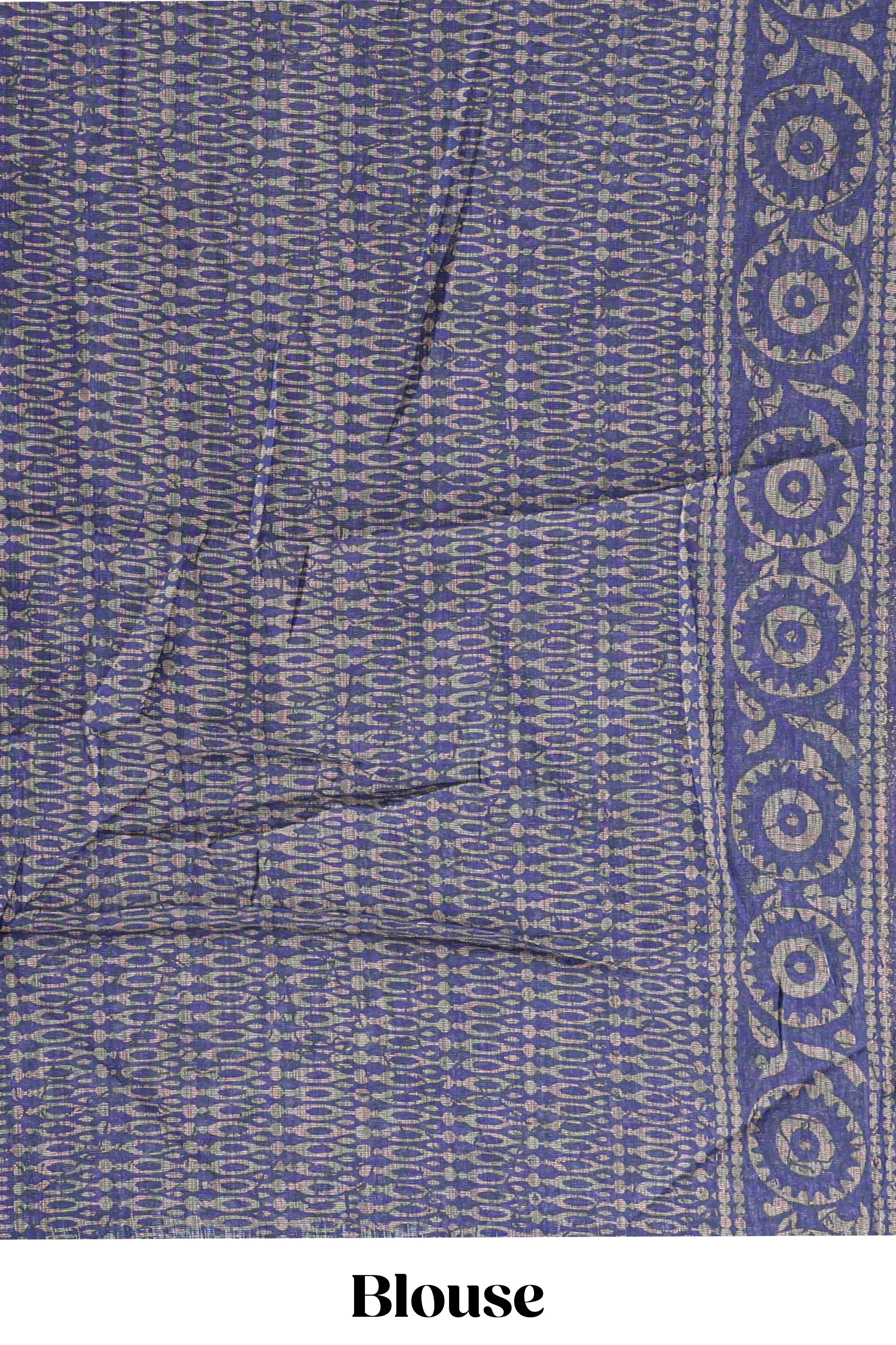 Blue ajrakh printed design linen cotton saree with self zari border and matching printed blouse