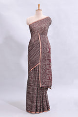 Brown ajrakh printed design linen cotton saree with self zari border and matching printed blouse