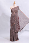 Brown ajrakh printed design linen cotton saree with self zari border and matching printed blouse