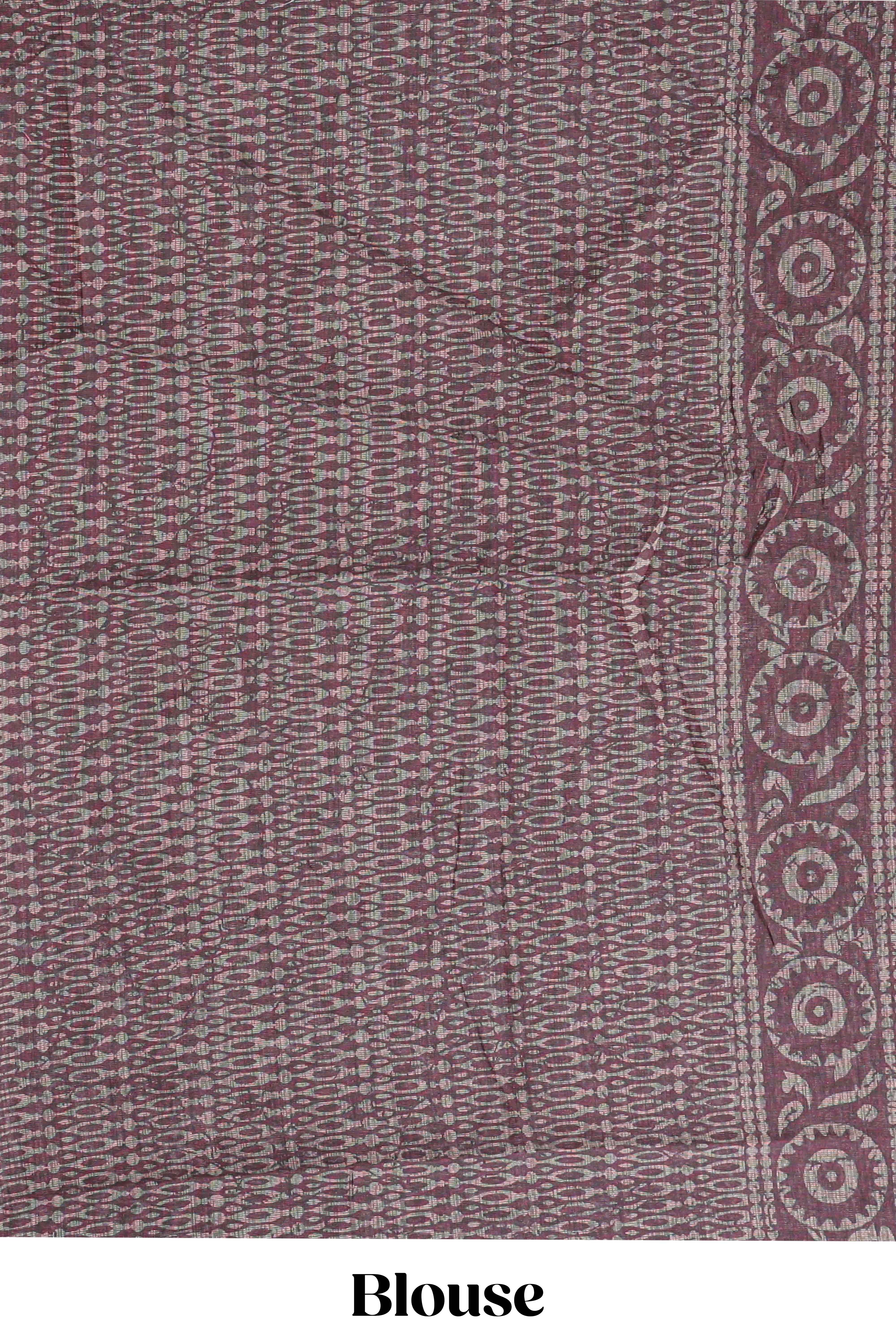 Brown ajrakh printed design linen cotton saree with self zari border and matching printed blouse