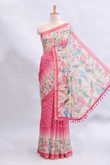 Pink checked motifs bottom floral & birds design linen cotton saree with self zari border and matching checked blouse
