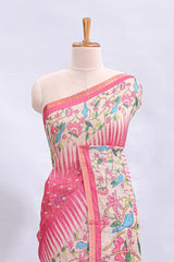 Pink checked motifs bottom floral & birds design linen cotton saree with self zari border and matching checked blouse