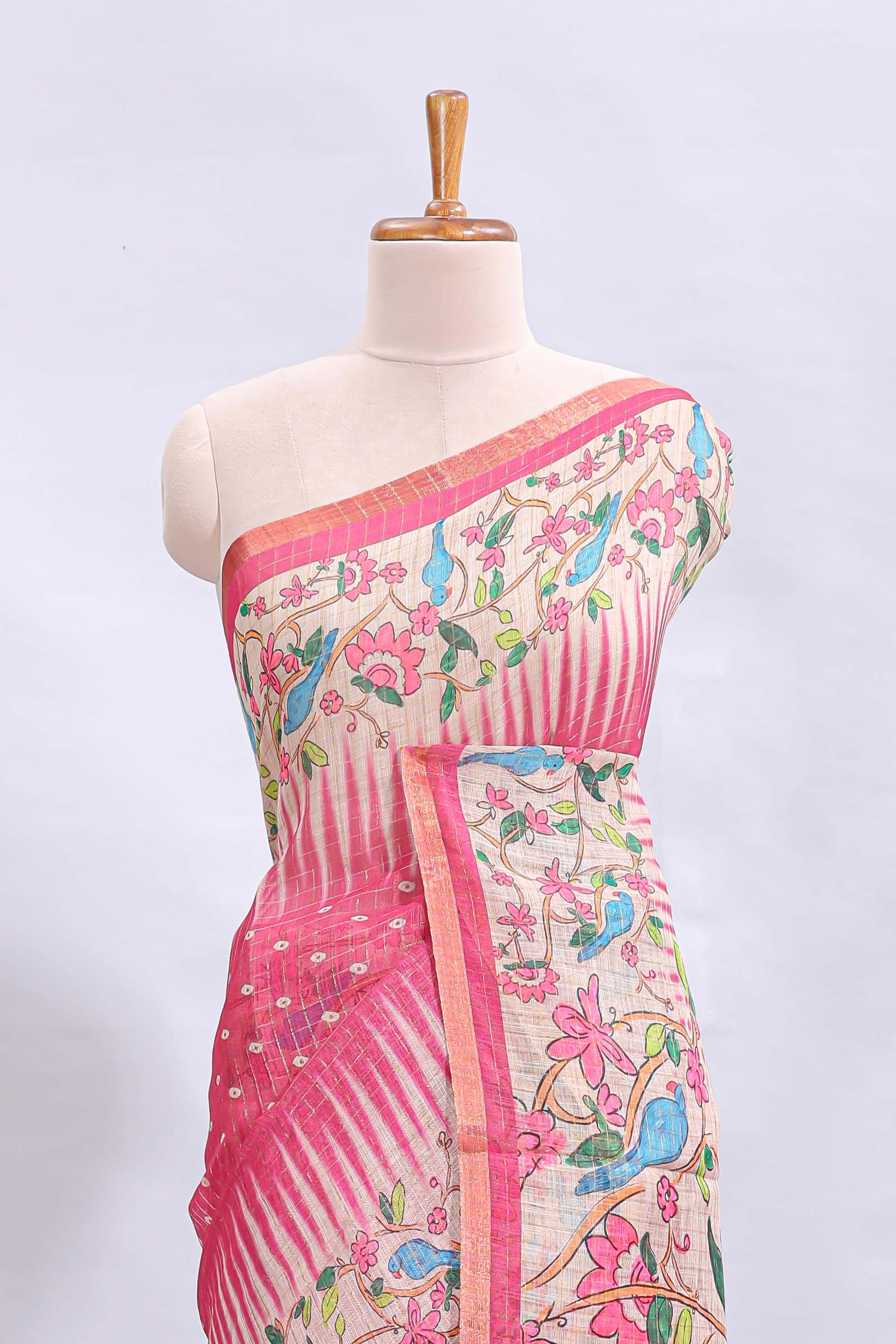 Pink checked motifs bottom floral & birds design linen cotton saree with self zari border and matching checked blouse