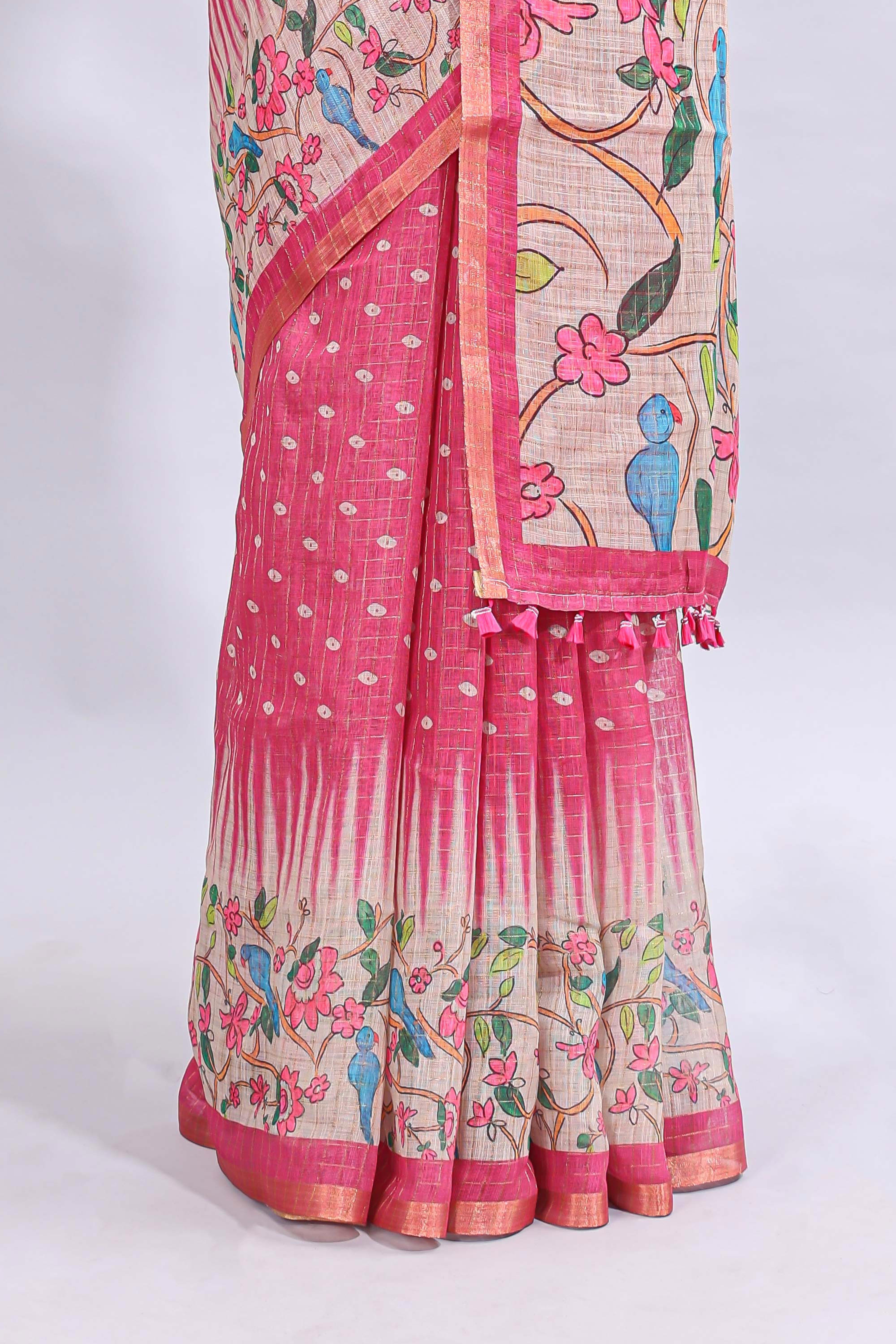 Pink checked motifs bottom floral & birds design linen cotton saree with self zari border and matching checked blouse