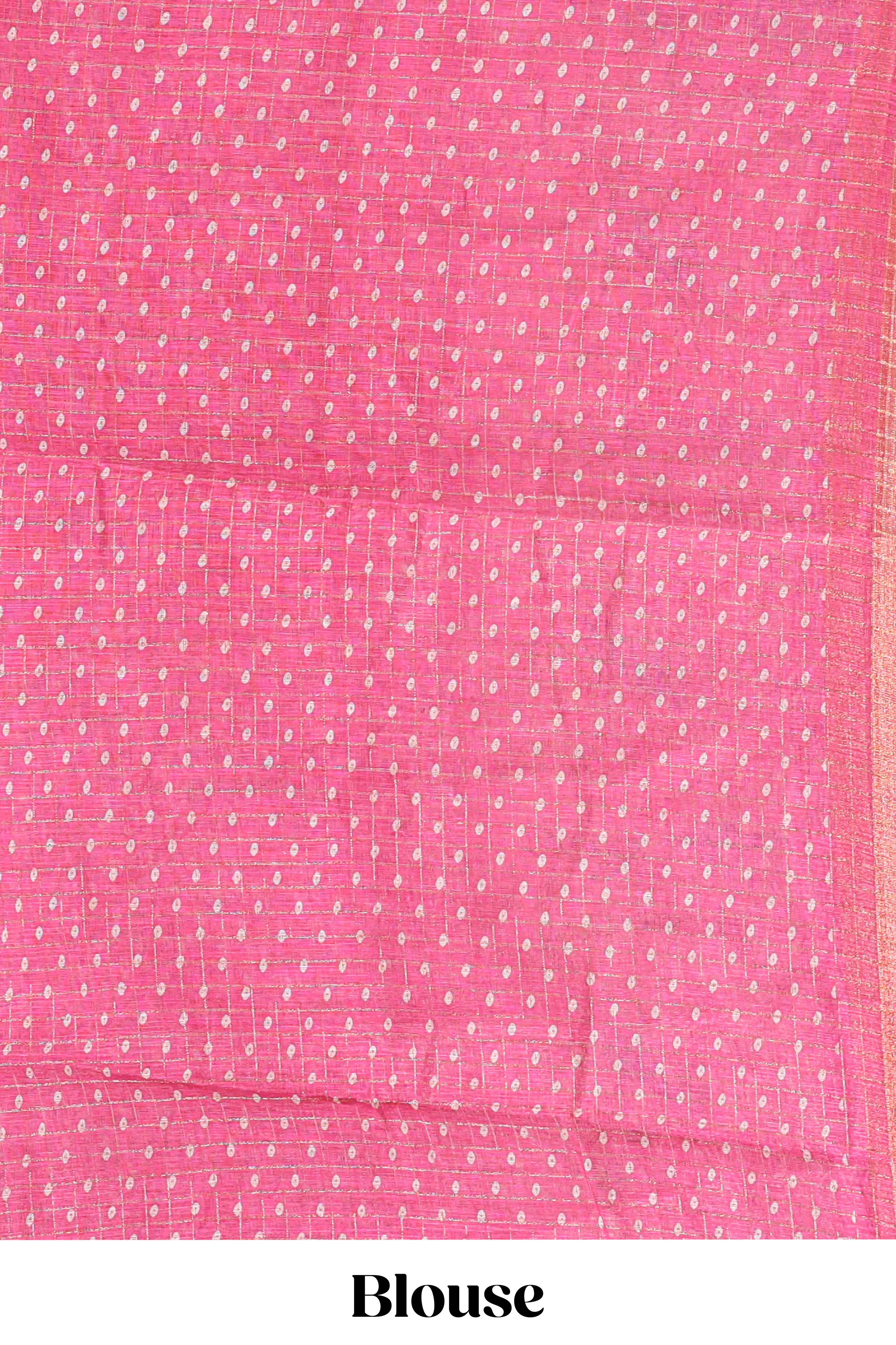 Pink checked motifs bottom floral & birds design linen cotton saree with self zari border and matching checked blouse