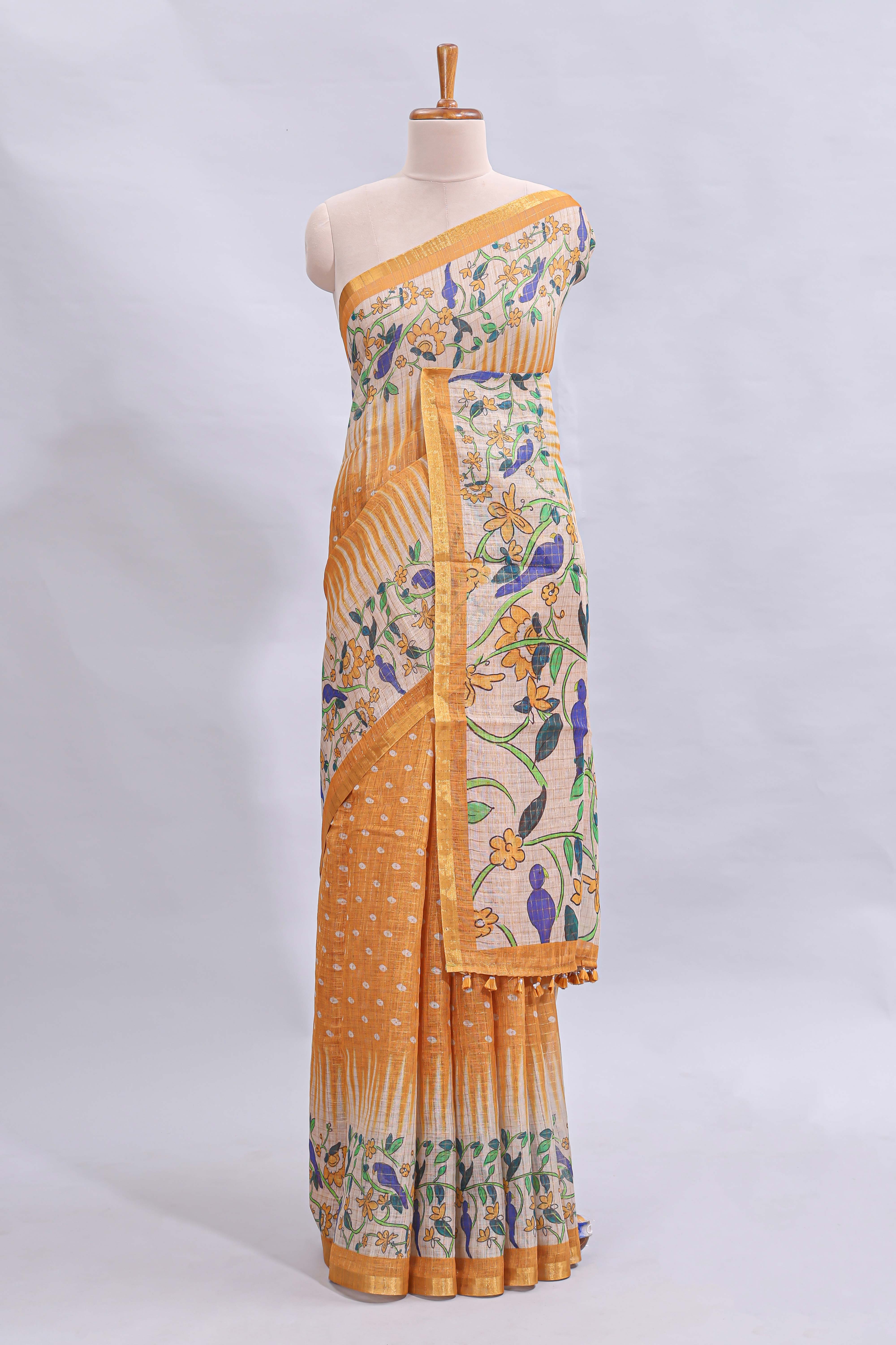 Mustard yellow checked motifs bottom floral & birds design linen cotton saree with self zari border and matching checked blouse