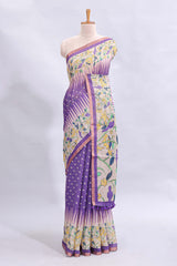 Lavender checked motifs bottom floral & birds design linen cotton saree with self zari border and matching checked blouse