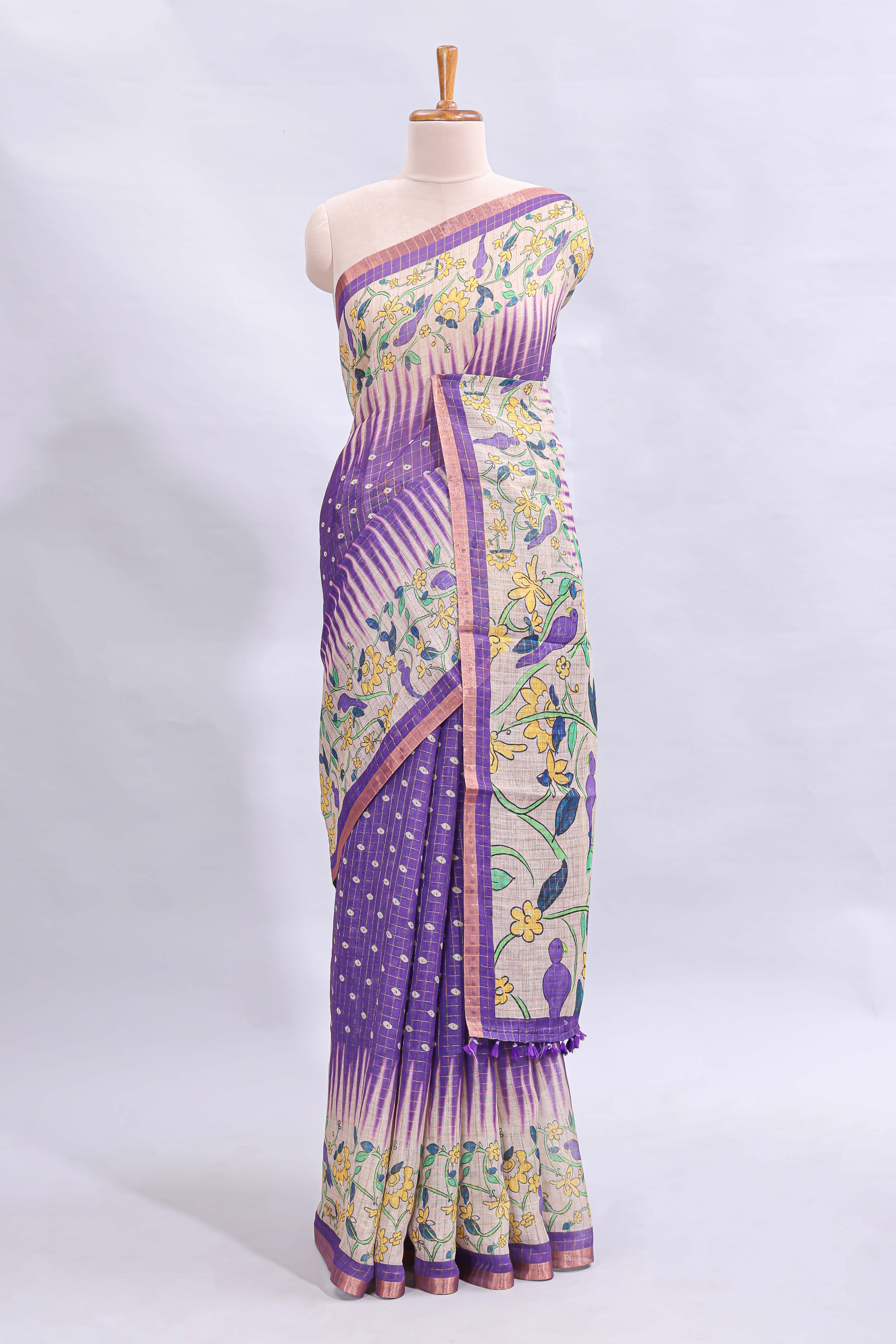 Lavender checked motifs bottom floral & birds design linen cotton saree with self zari border and matching checked blouse