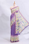 Lavender checked motifs bottom floral & birds design linen cotton saree with self zari border and matching checked blouse