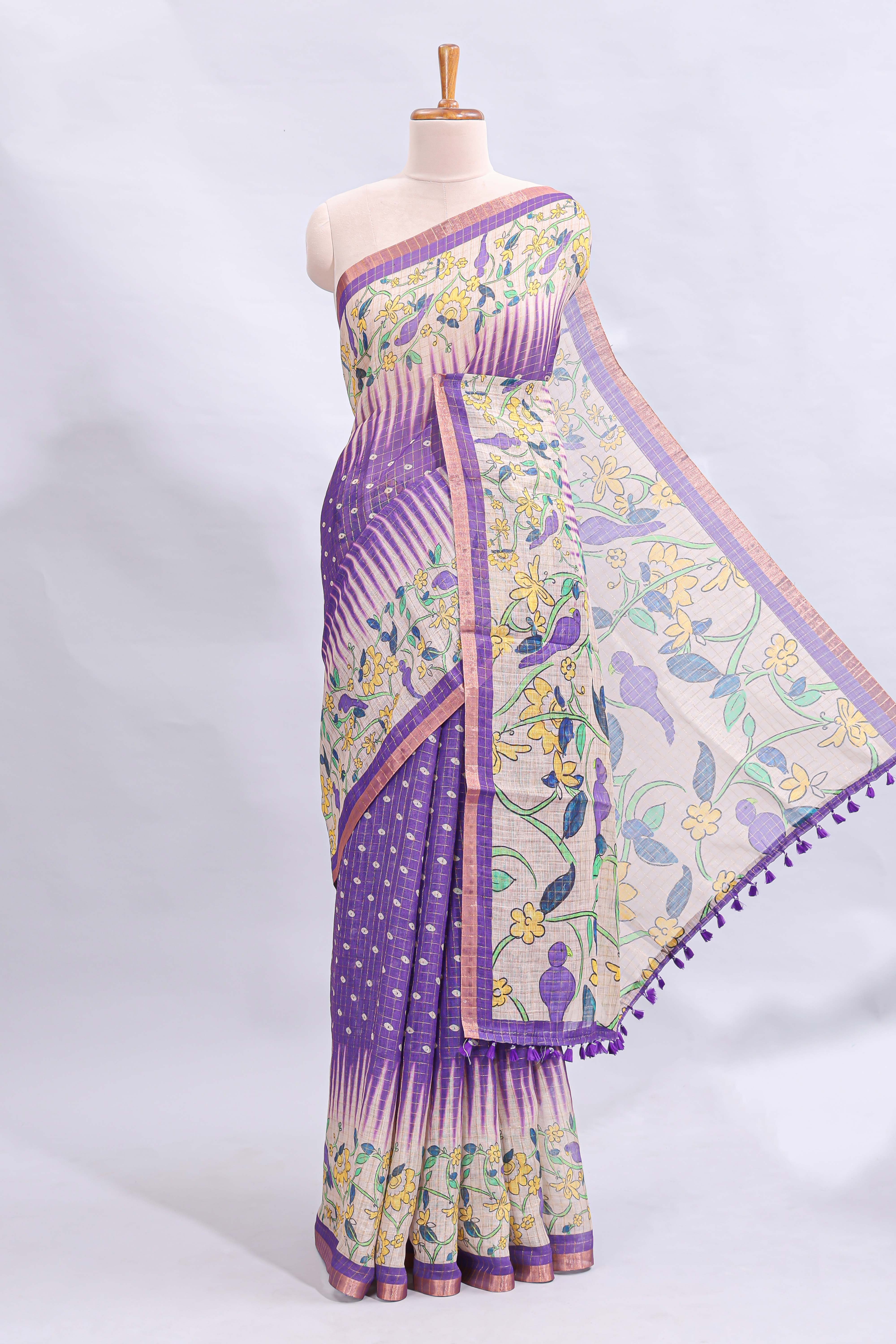 Lavender checked motifs bottom floral & birds design linen cotton saree with self zari border and matching checked blouse