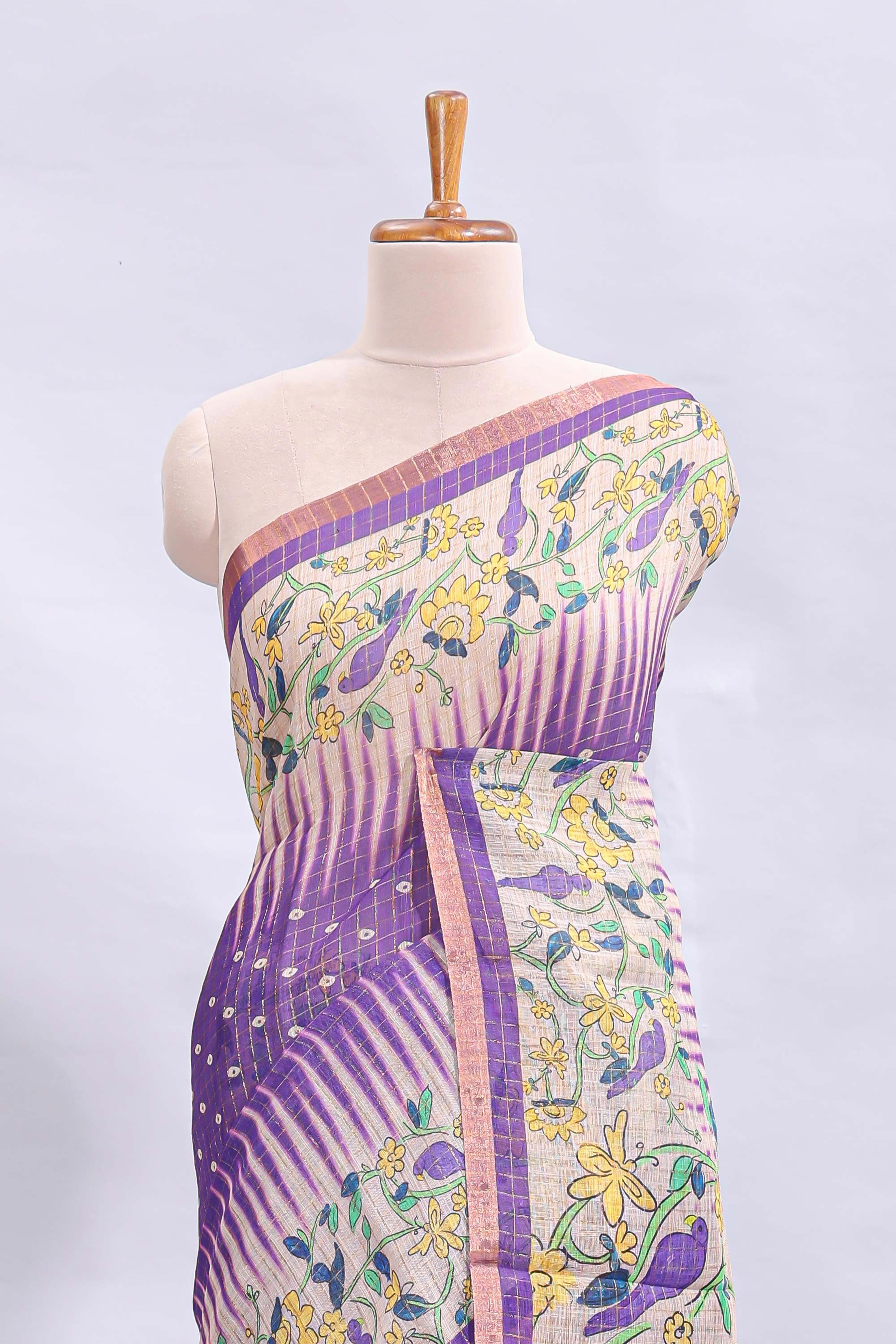Lavender checked motifs bottom floral & birds design linen cotton saree with self zari border and matching checked blouse