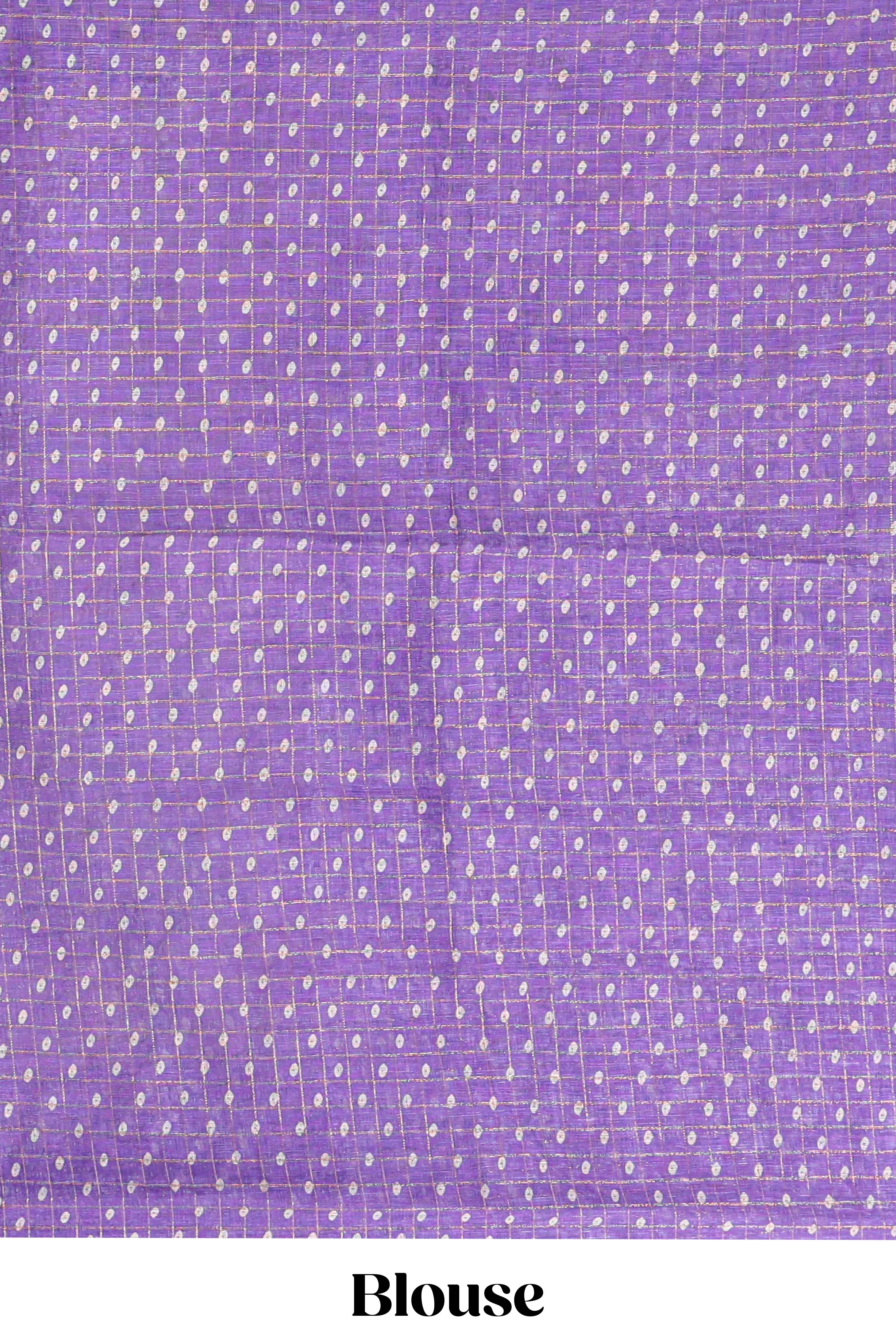 Lavender checked motifs bottom floral & birds design linen cotton saree with self zari border and matching checked blouse