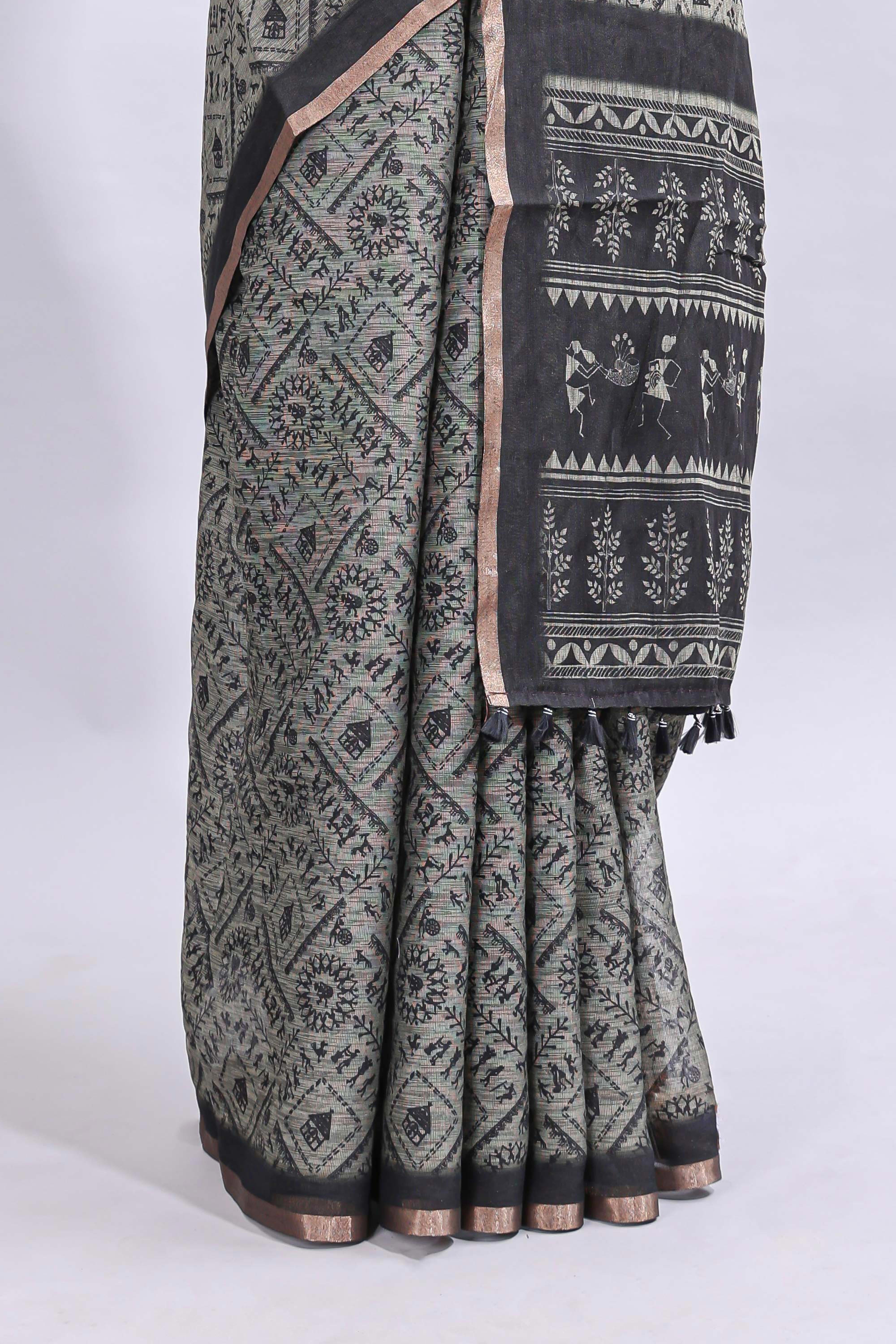 Grey warli tribe design linen cotton saree with contrast zari border and printed blouse