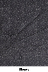 Grey warli tribe design linen cotton saree with contrast zari border and printed blouse