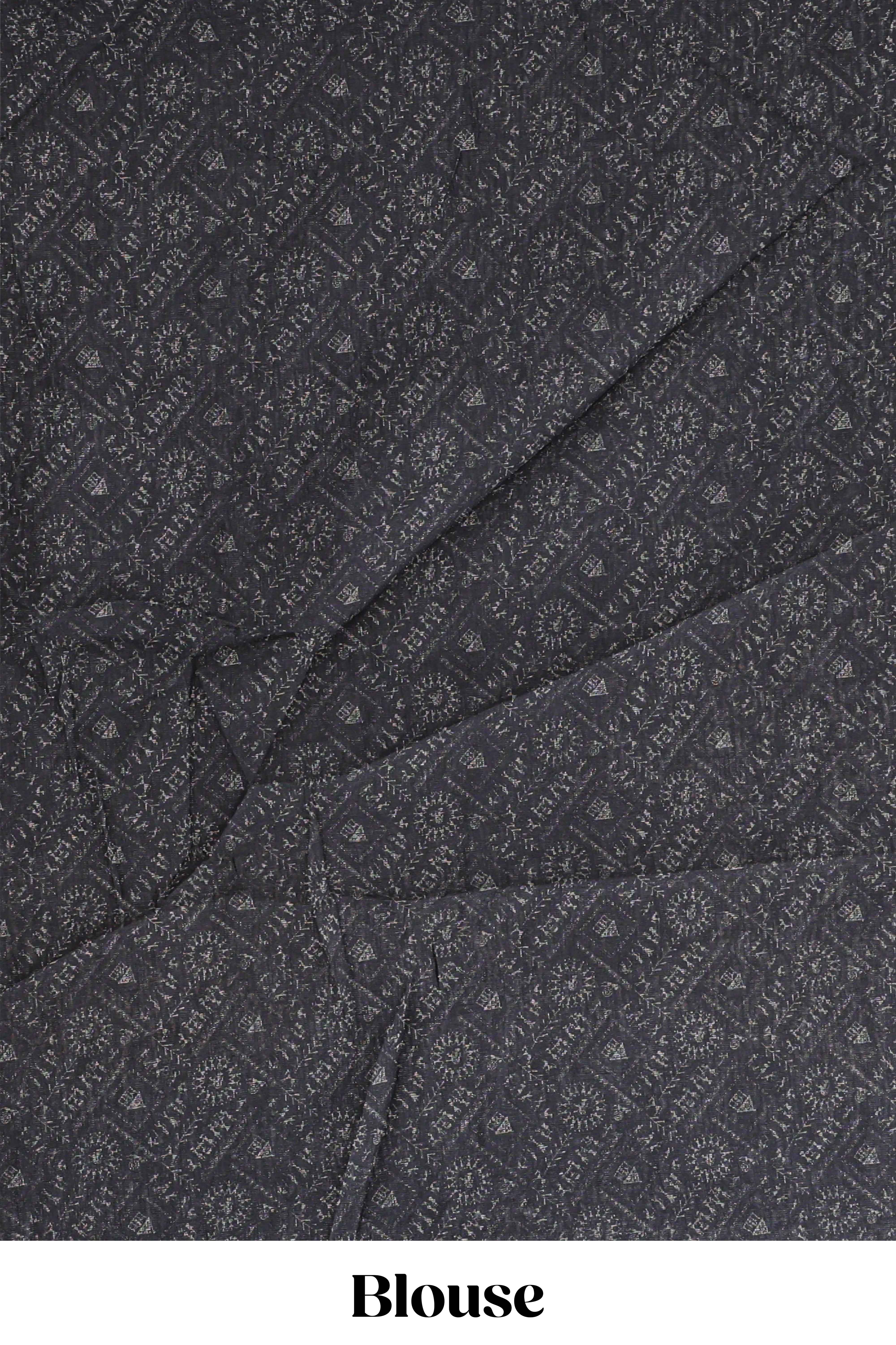 Grey warli tribe design linen cotton saree with contrast zari border and printed blouse