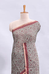 Grey warli tribe design linen cotton saree with contrast zari border and printed blouse