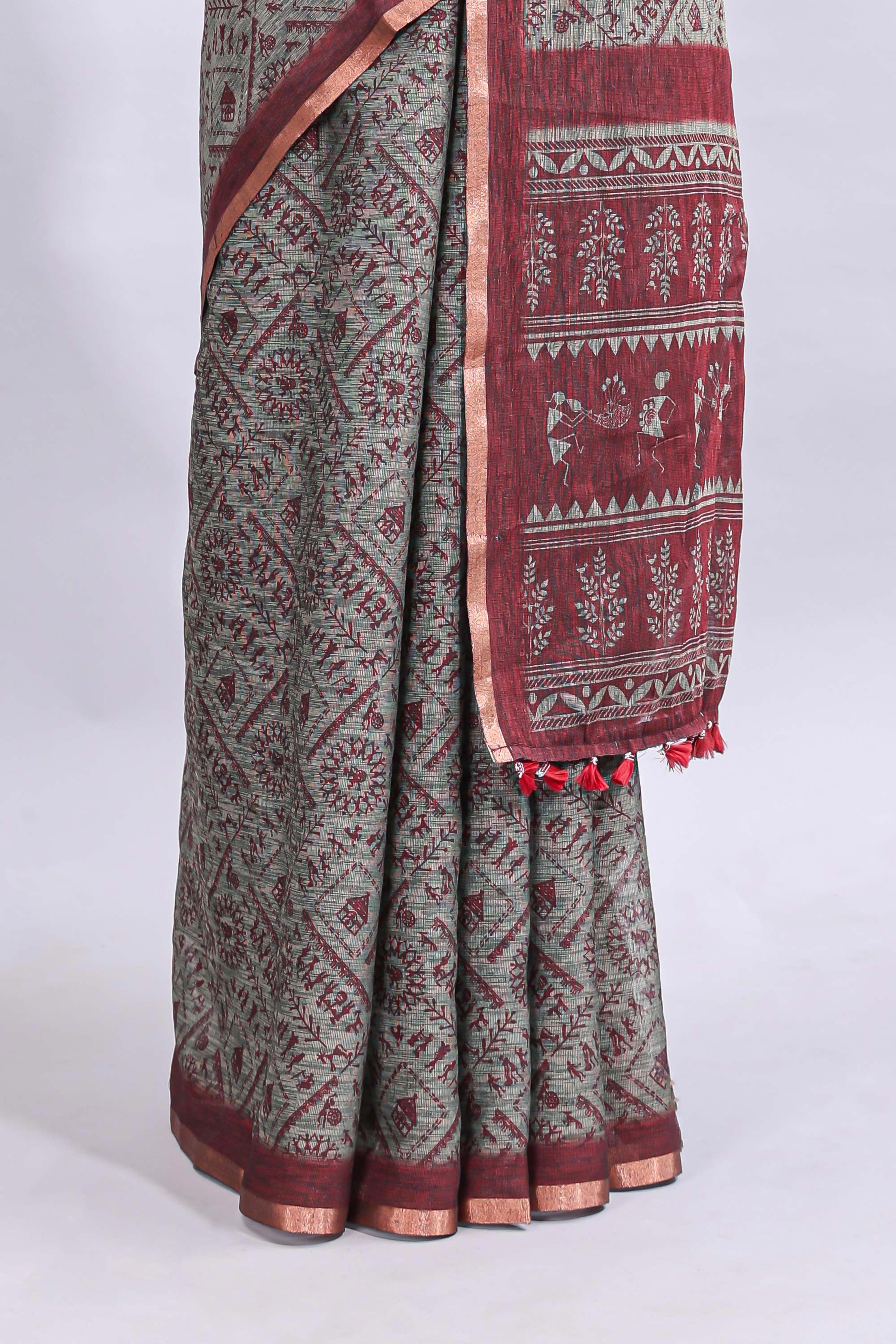 Grey warli tribe design linen cotton saree with contrast zari border and printed blouse