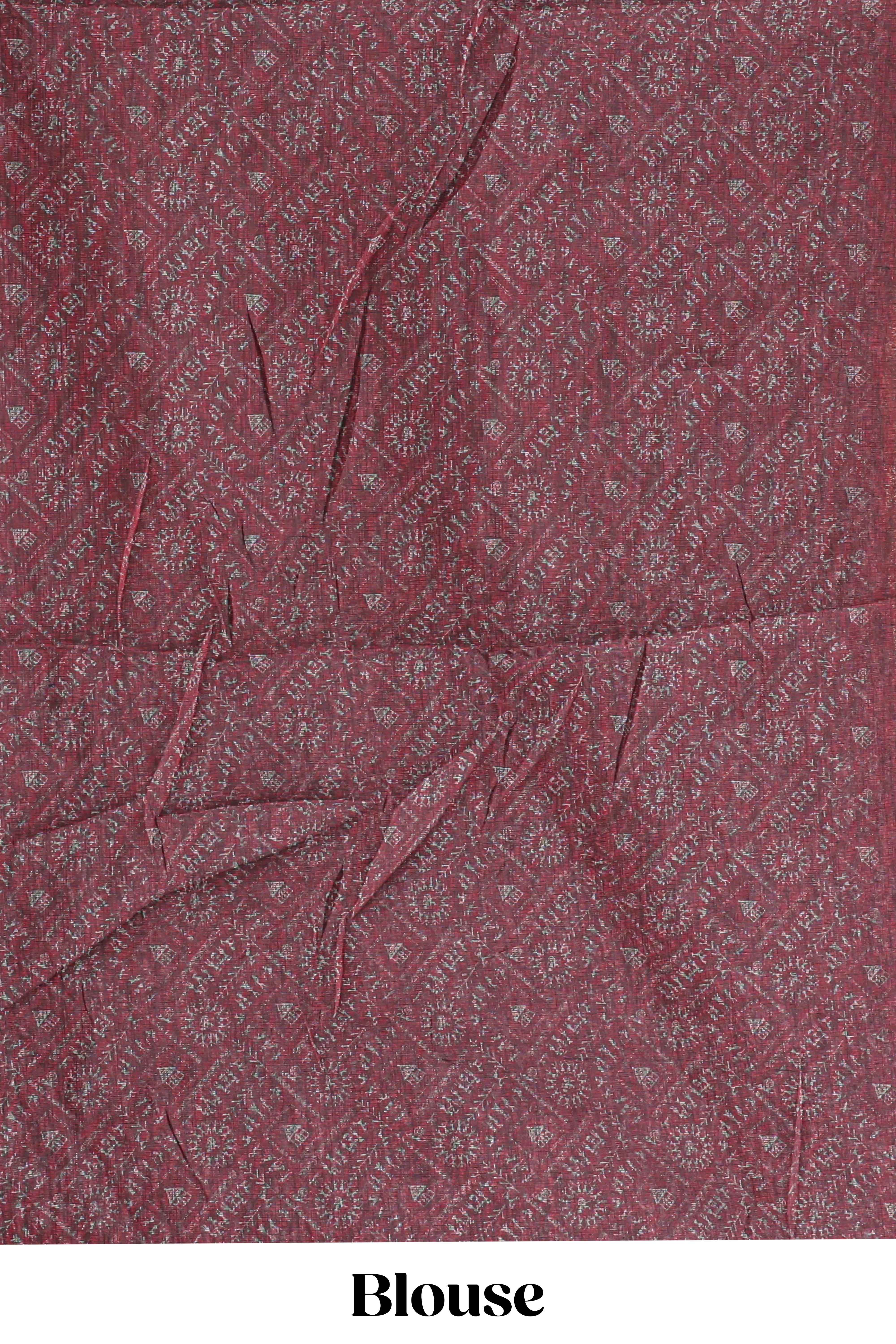Grey warli tribe design linen cotton saree with contrast zari border and printed blouse