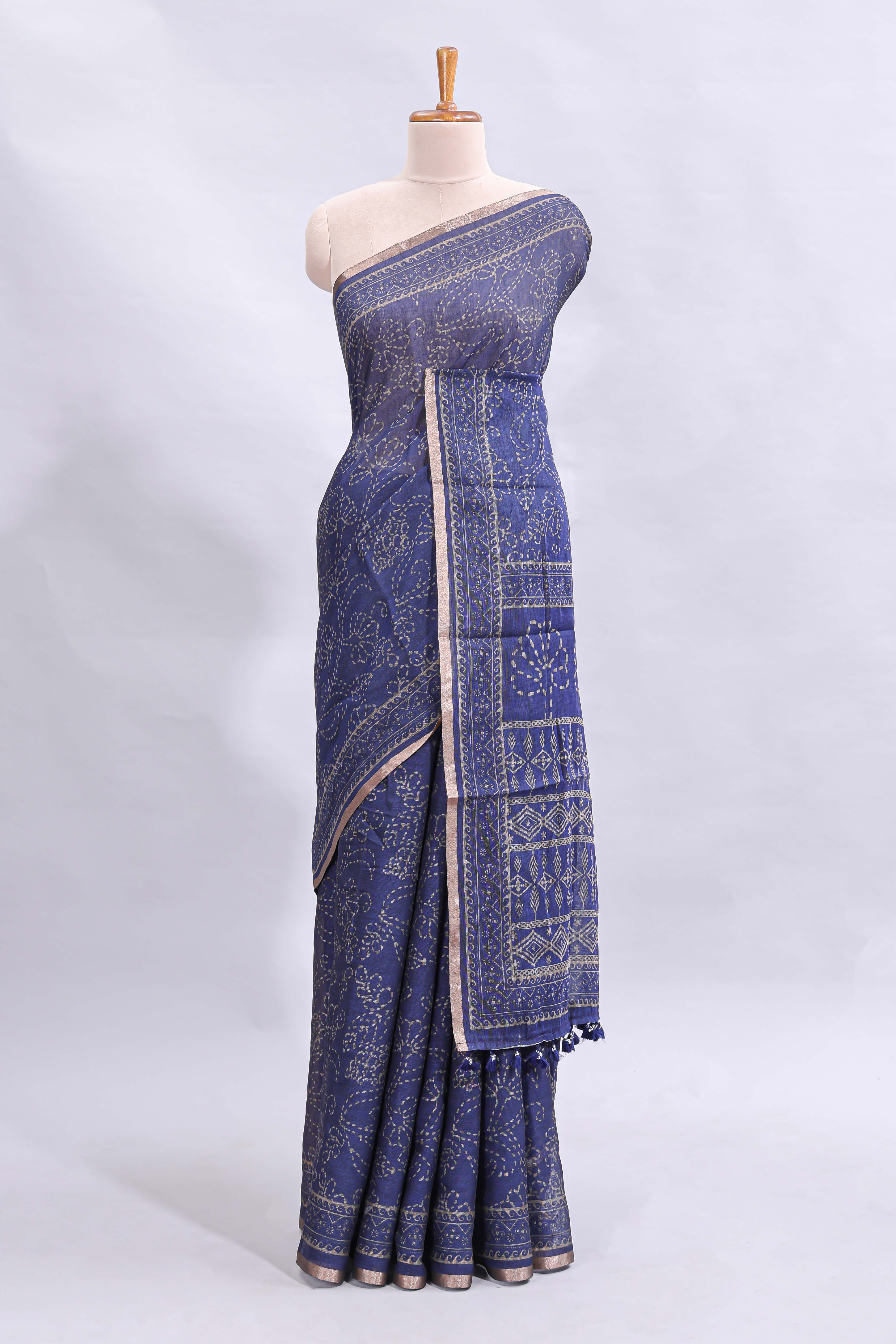 Blue floral design linen cotton saree with self zari border and matching printed blouse