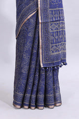 Blue floral design linen cotton saree with self zari border and matching printed blouse