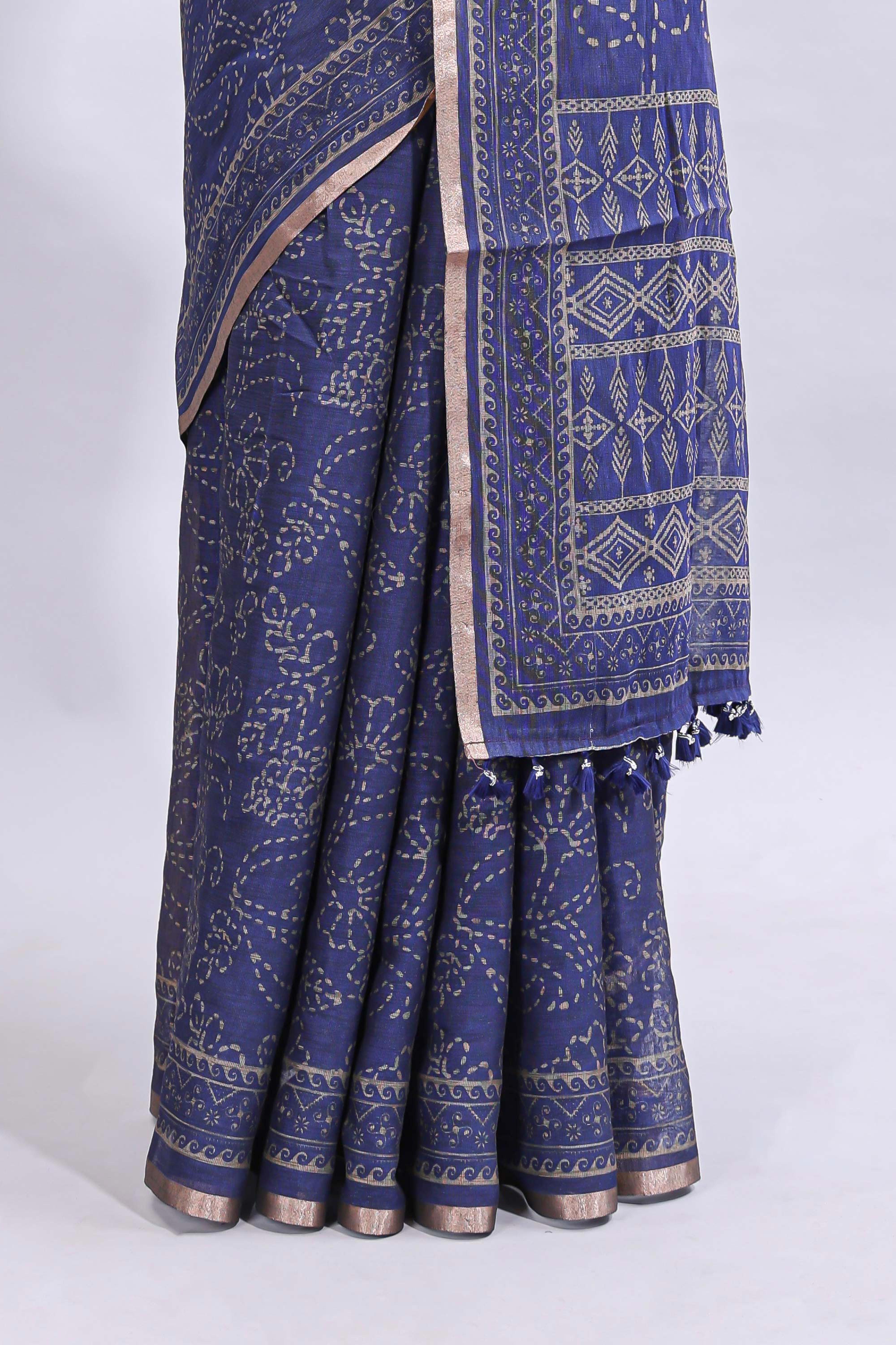 Blue floral design linen cotton saree with self zari border and matching printed blouse