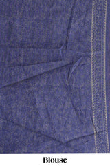Blue floral design linen cotton saree with self zari border and matching printed blouse