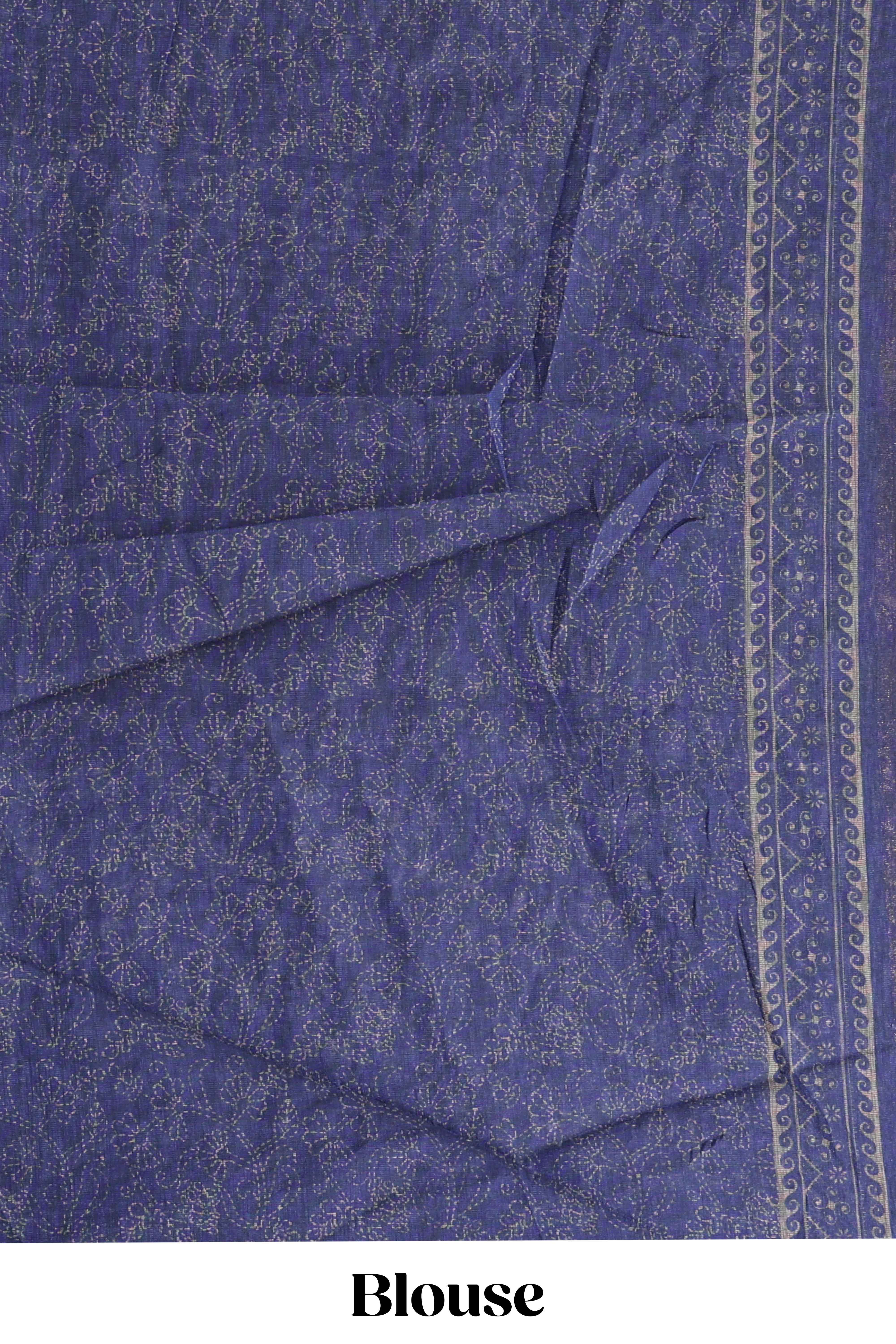 Blue floral design linen cotton saree with self zari border and matching printed blouse