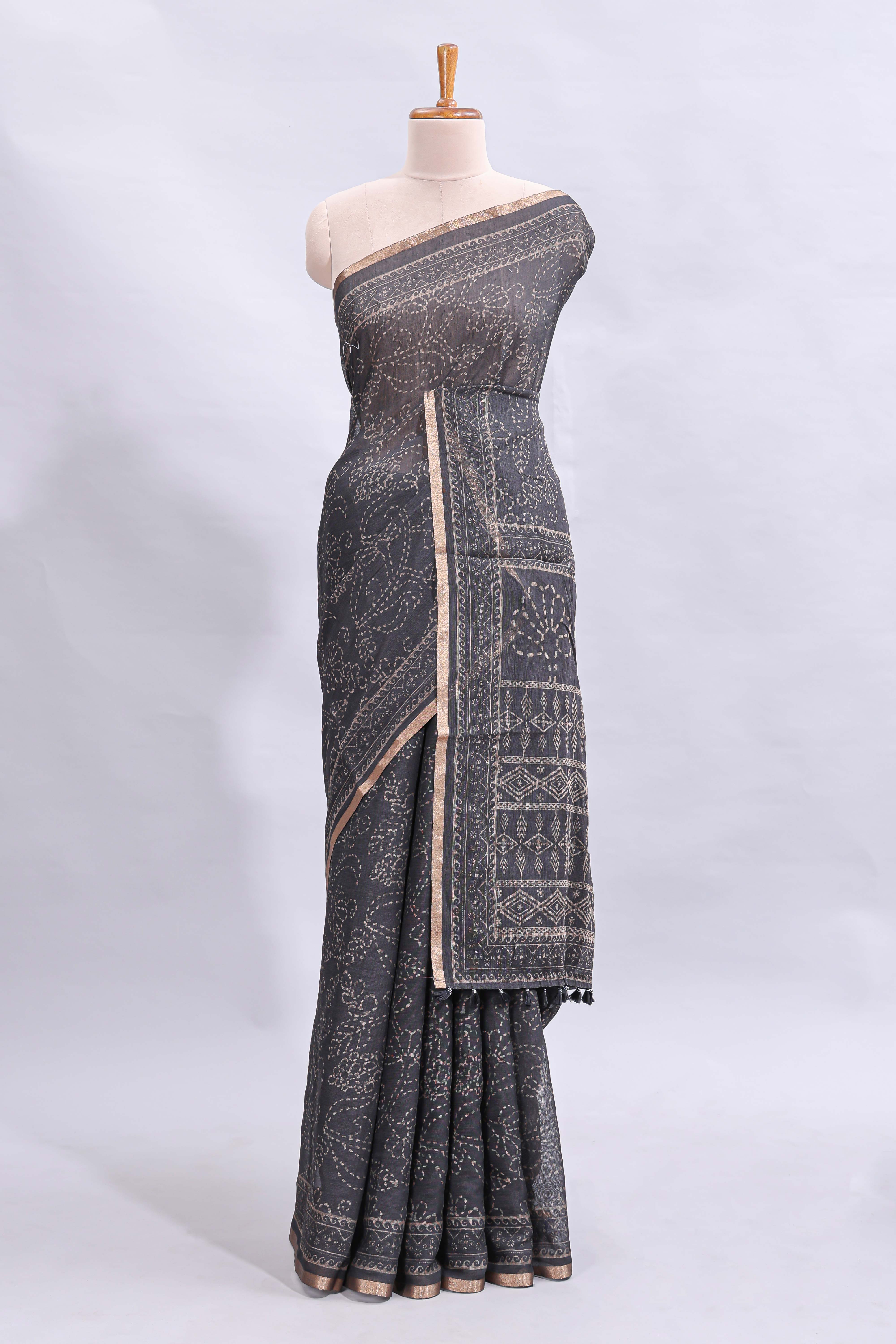 Black floral design linen cotton saree with self zari border and matching printed blouse